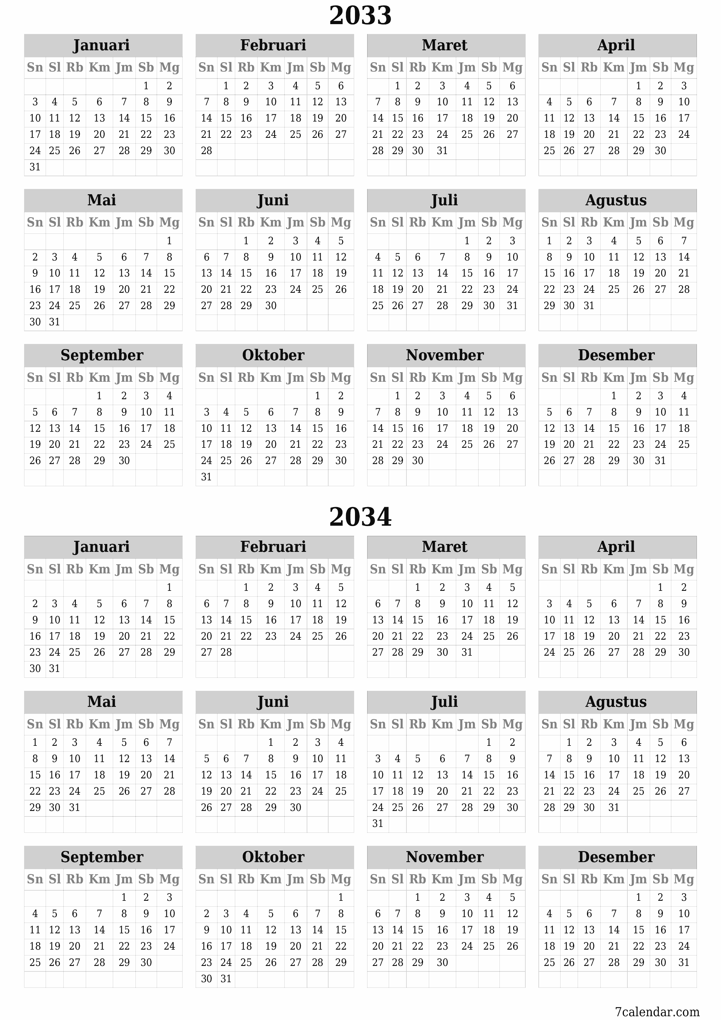  yang dapat dicetak dinding templat gratisvertikal Tahunan kalender Juni (Jun) 2033