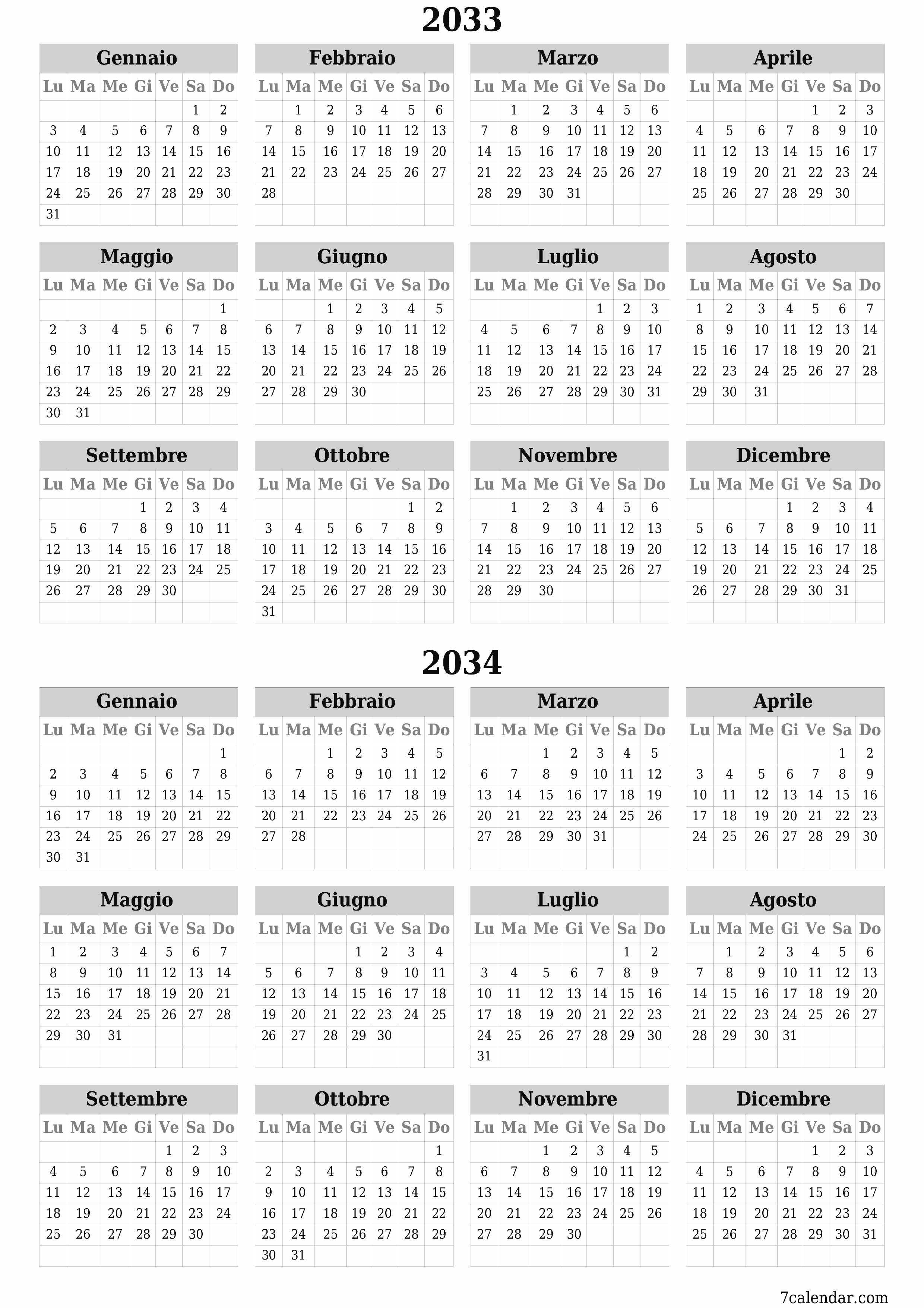  stampabile da parete modello di gratuitoverticale Annuale calendario Giugno (Giu) 2033