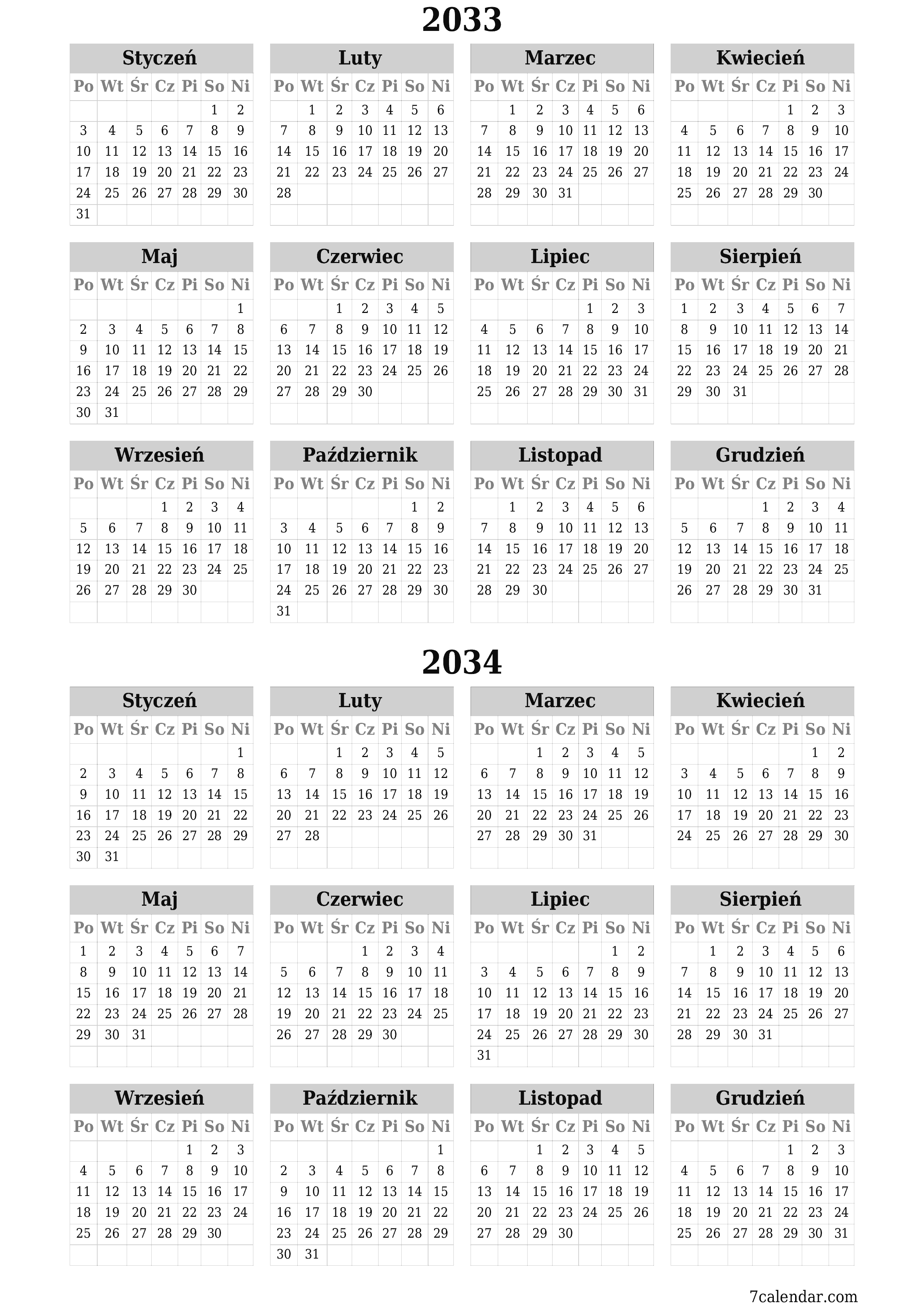 Opróżnij kalendarz rocznego planowania na rok 2033, 2034 z notatkami, zapisz i wydrukuj w formacie PDF PNG Polish