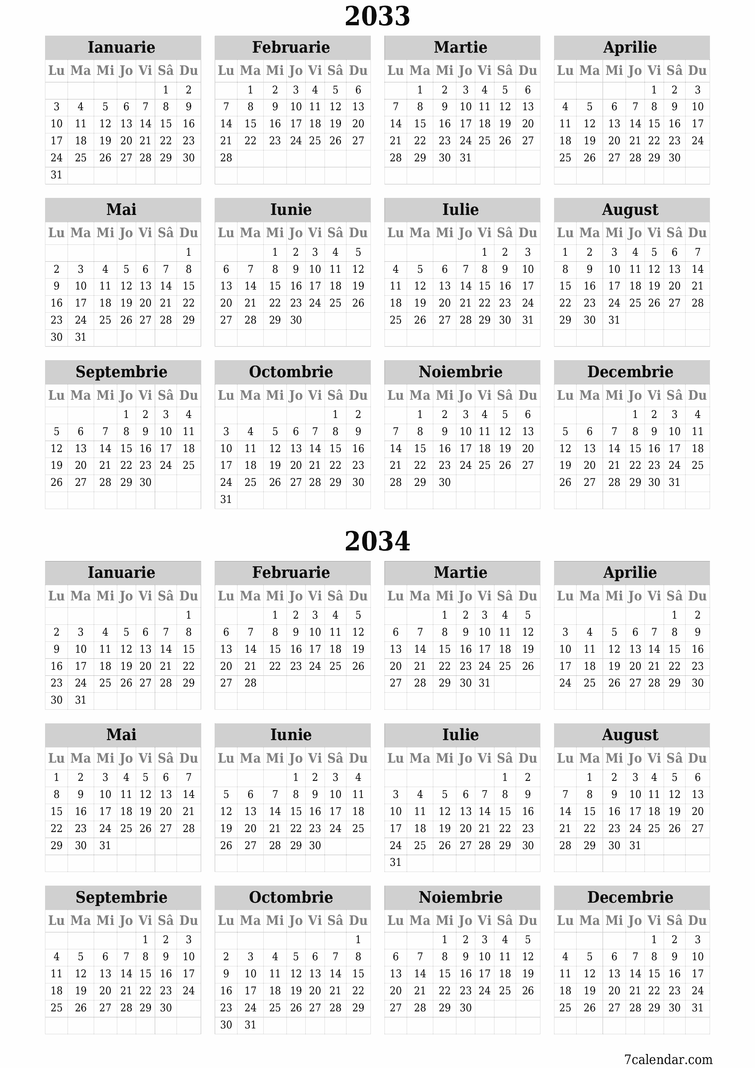 Goliți calendarul anual al planificatorului pentru anul 2033, 2034 cu note, salvați și tipăriți în PDF PNG Romanian