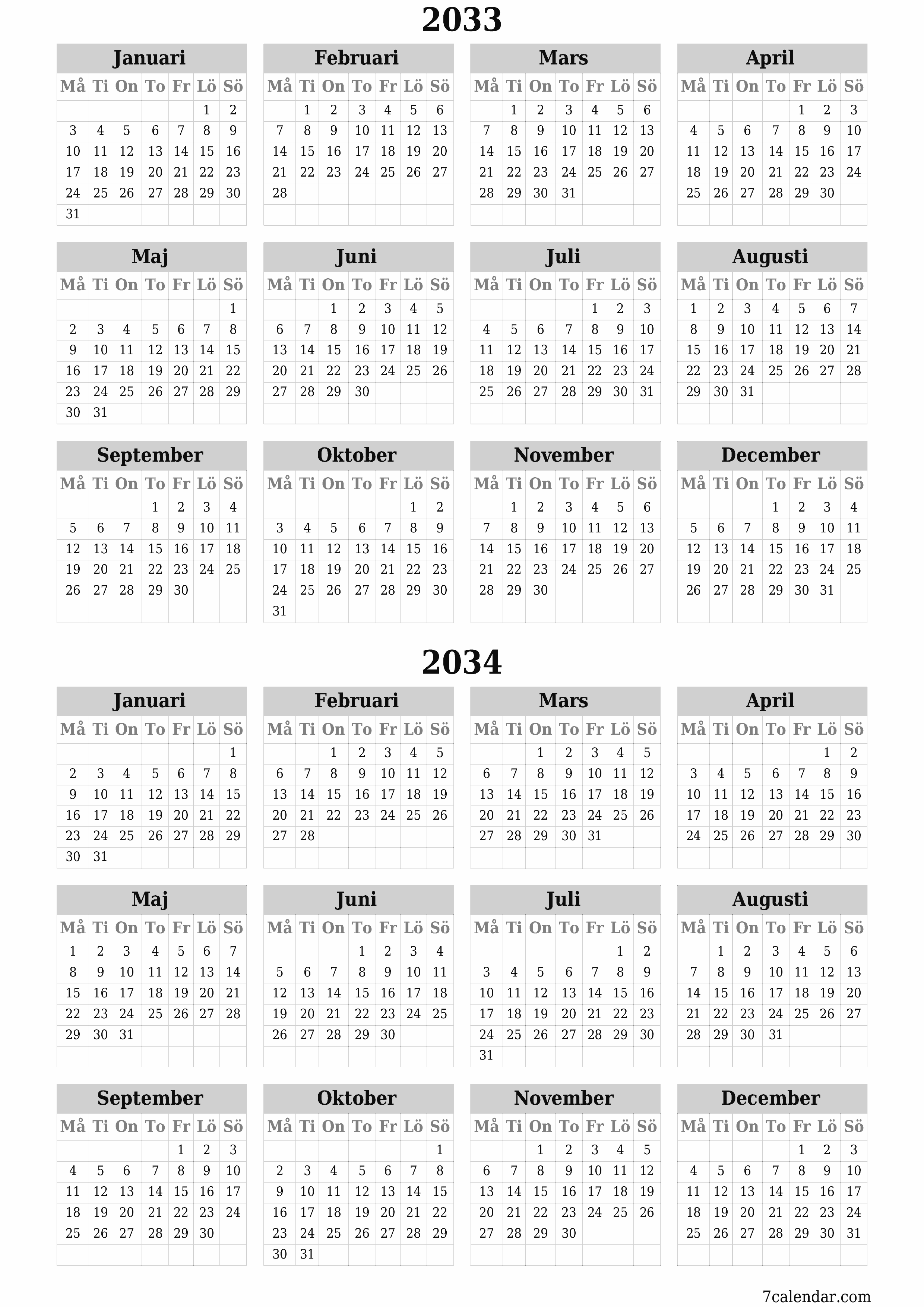 Tom årlig planeringskalender för året 2033, 2034 med anteckningar, spara och skriv ut till PDF PNG Swedish