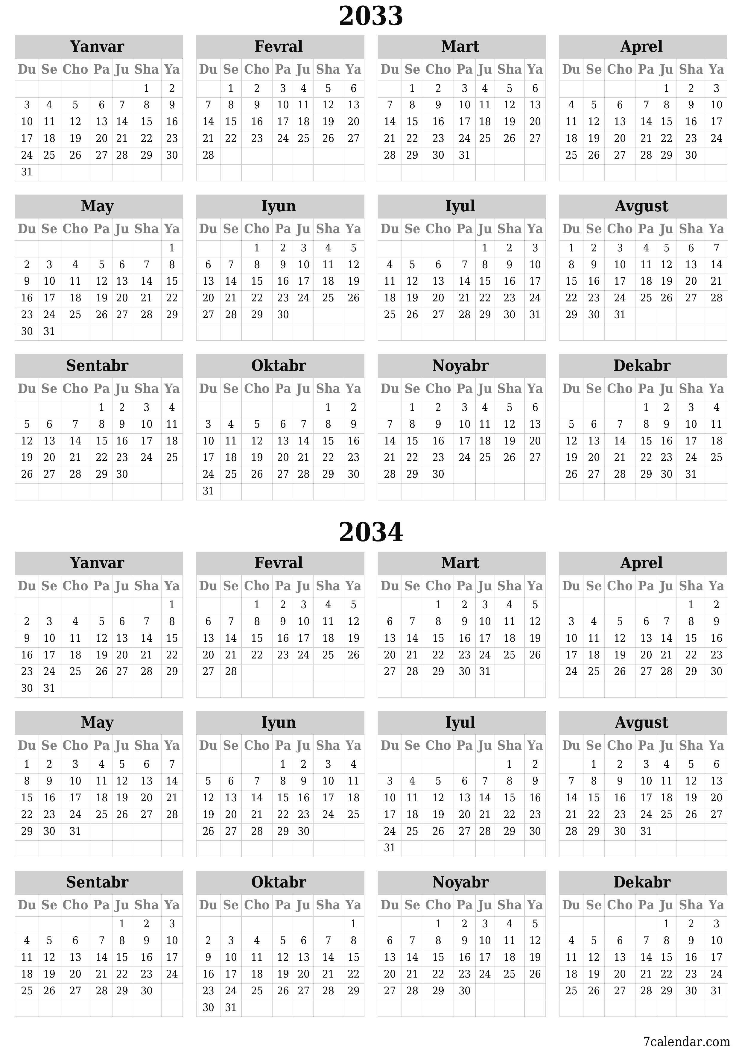 chop etiladigan devor taqvimi shabloni bepul vertikal Yillik kalendar Iyun (Iyun) 2033