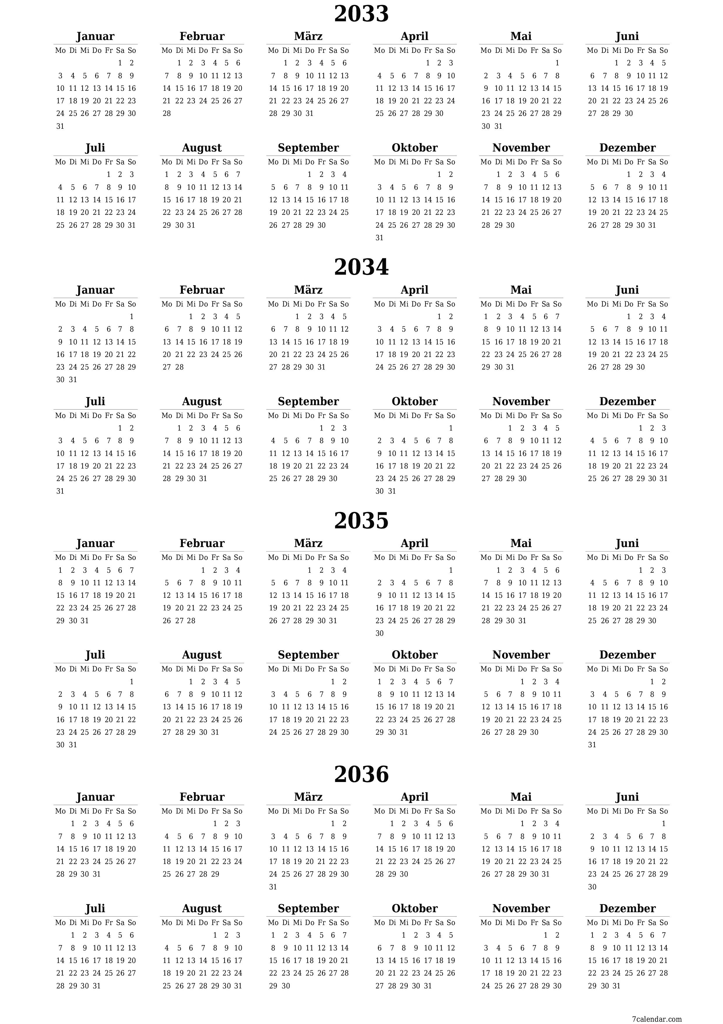 Jahresplanerkalender für das Jahr 2033, 2034, 2035, 2036 mit Notizen leeren, speichern und als PDF PNG German - 7calendar.com drucken