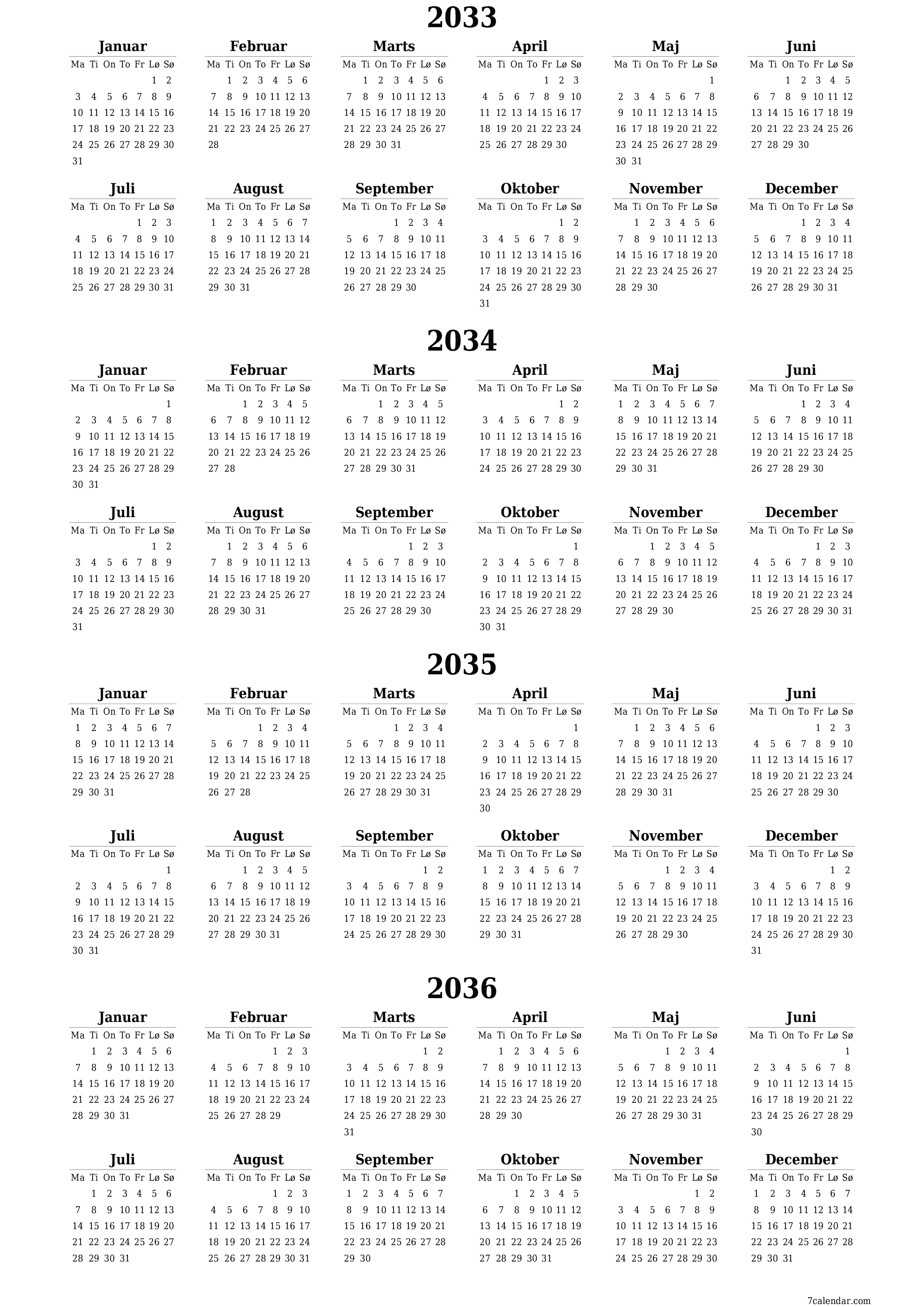 Tom årlig planlægningskalender for året 2033, 2034, 2035, 2036 med noter, gem og udskriv til PDF PNG Danish