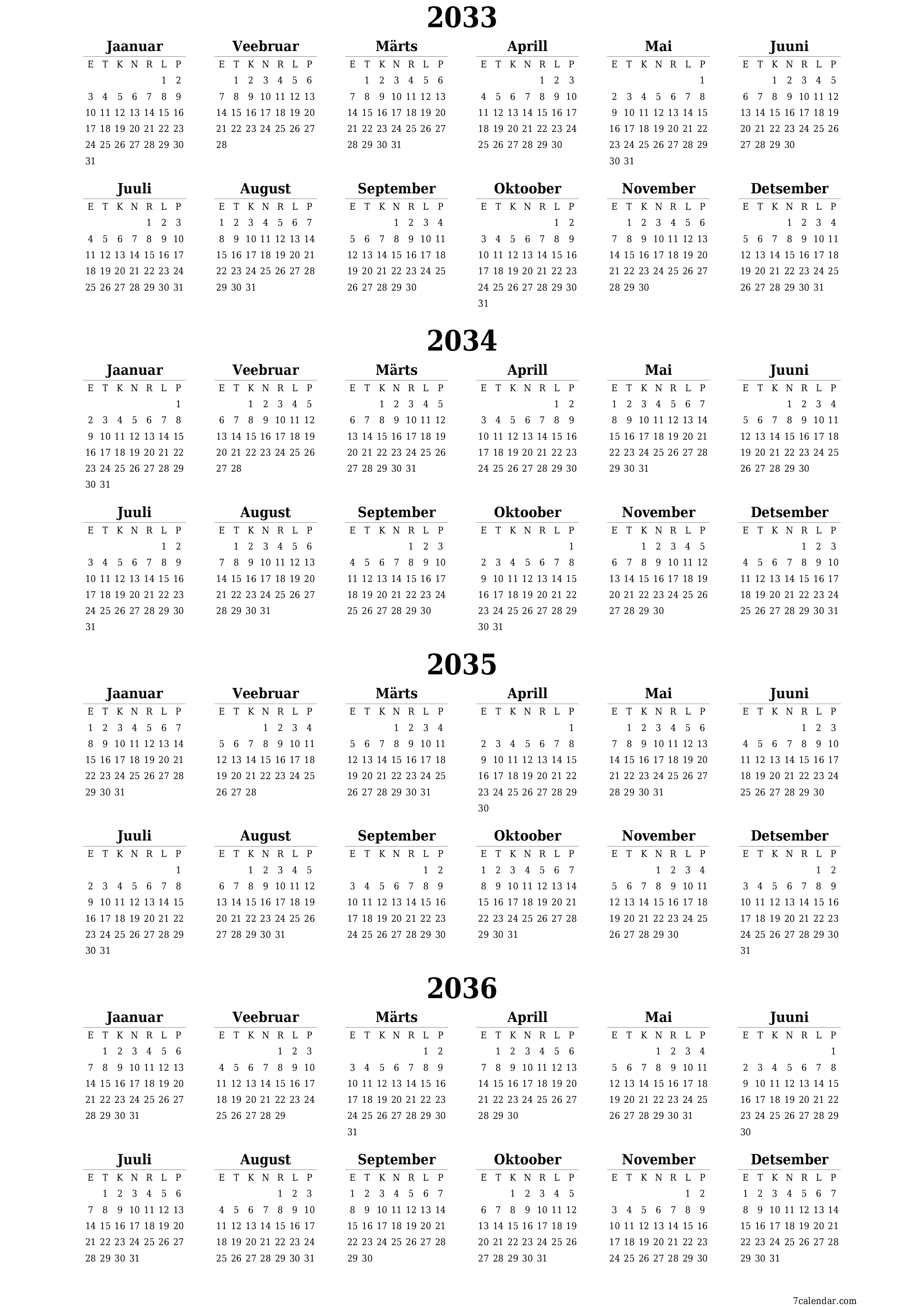 Tühi aasta planeerija kalender aastaks 2033, 2034, 2035, 2036 koos märkmetega, salvestage ja printige PDF-i PNG Estonian