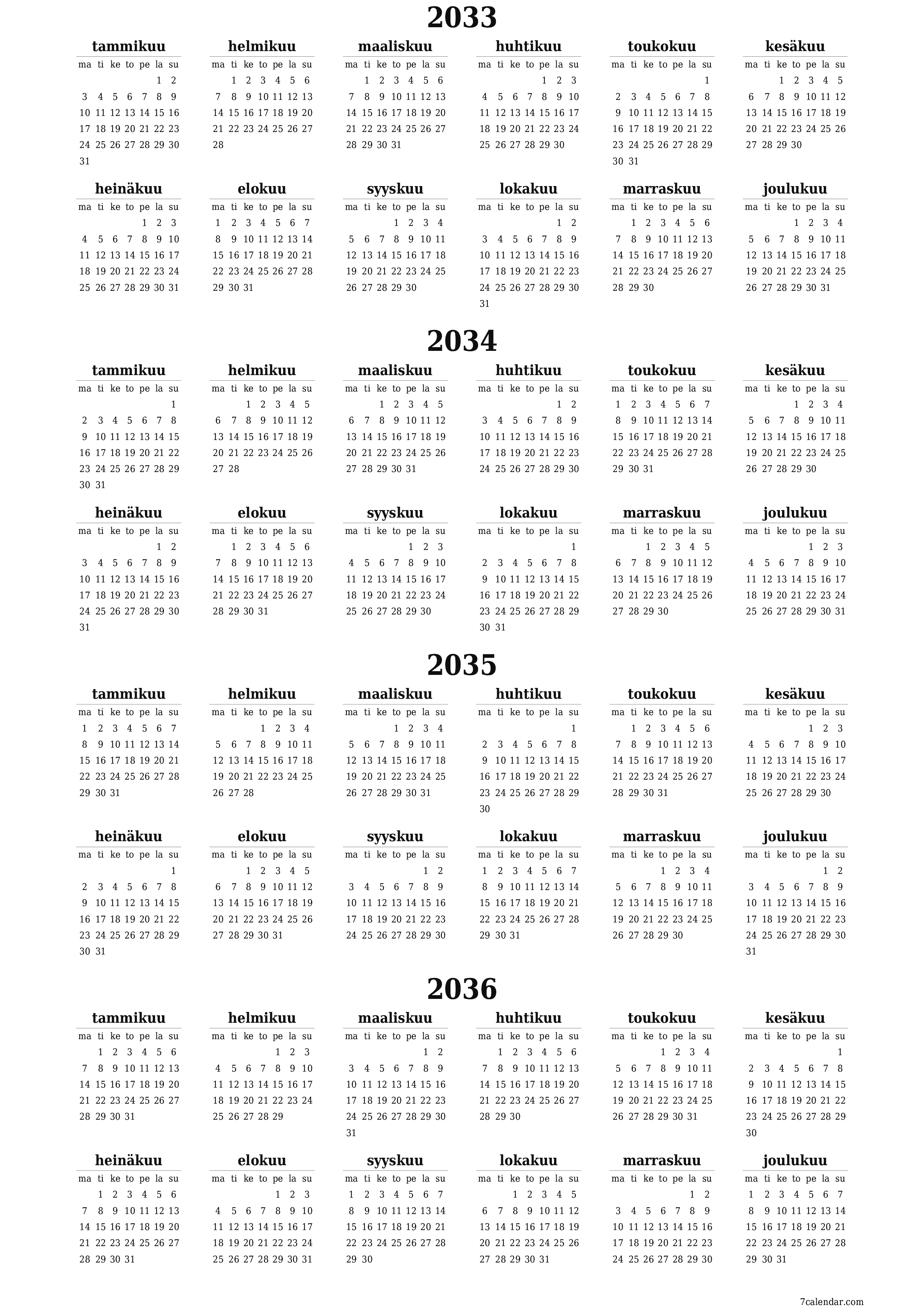 Tyhjä vuosisuunnittelukalenteri vuodelle 2033, 2034, 2035, 2036 muistiinpanoilla, tallenna ja tulosta PDF-muotoon PNG Finnish