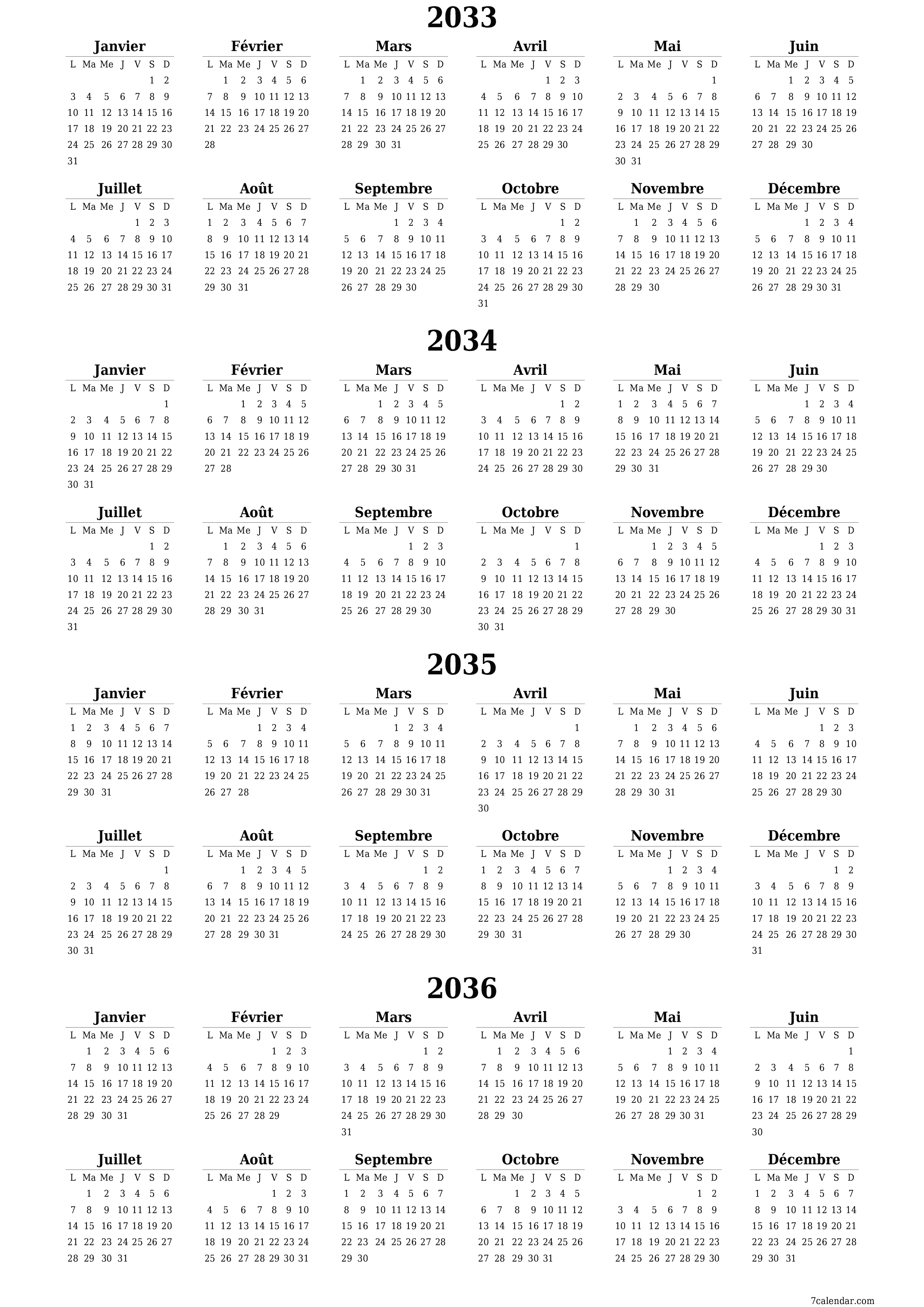  imprimable mural modèle de gratuitverticale Annuel calendrier Juin (Jui) 2033