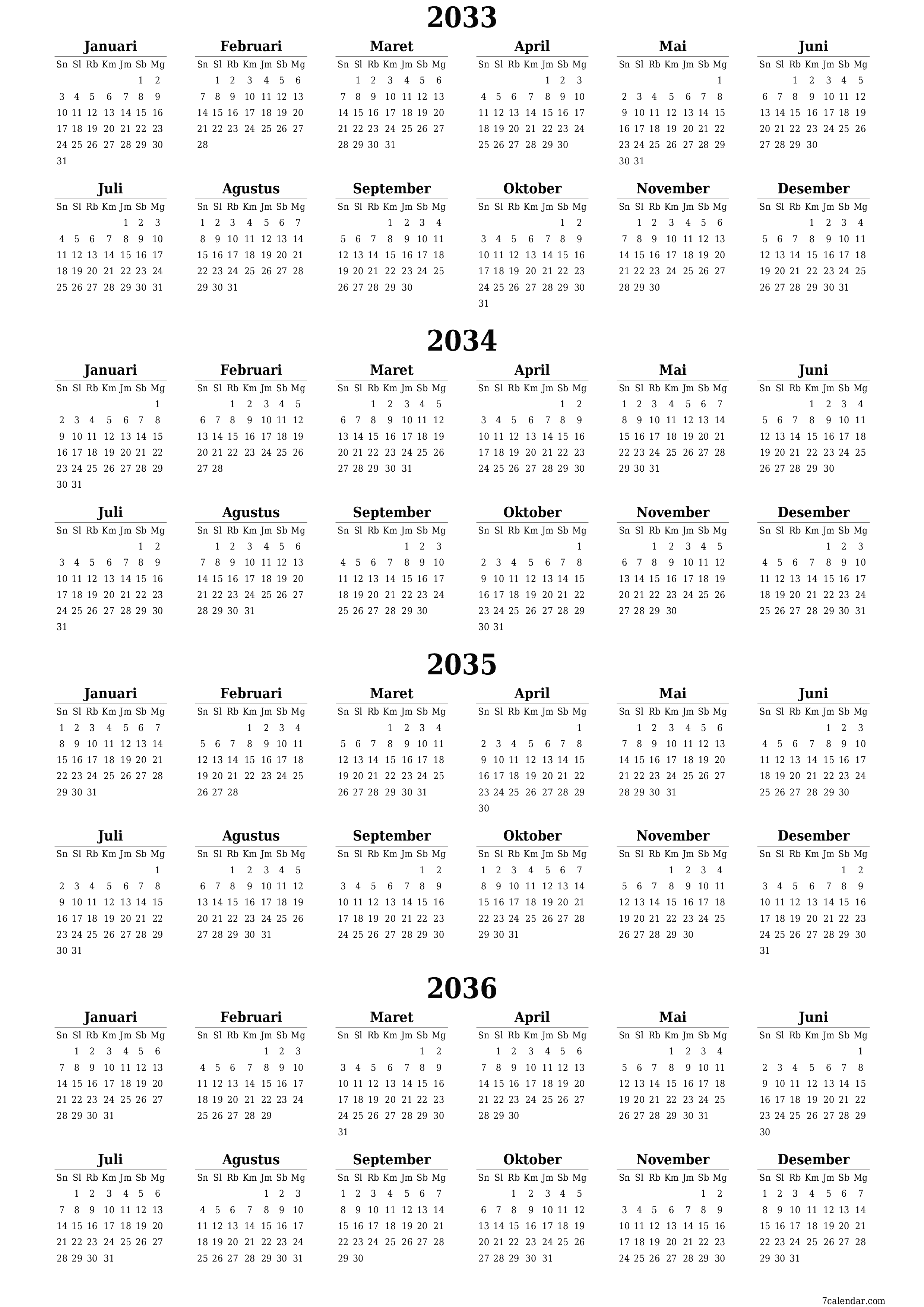  yang dapat dicetak dinding templat gratisvertikal Tahunan kalender Juni (Jun) 2033