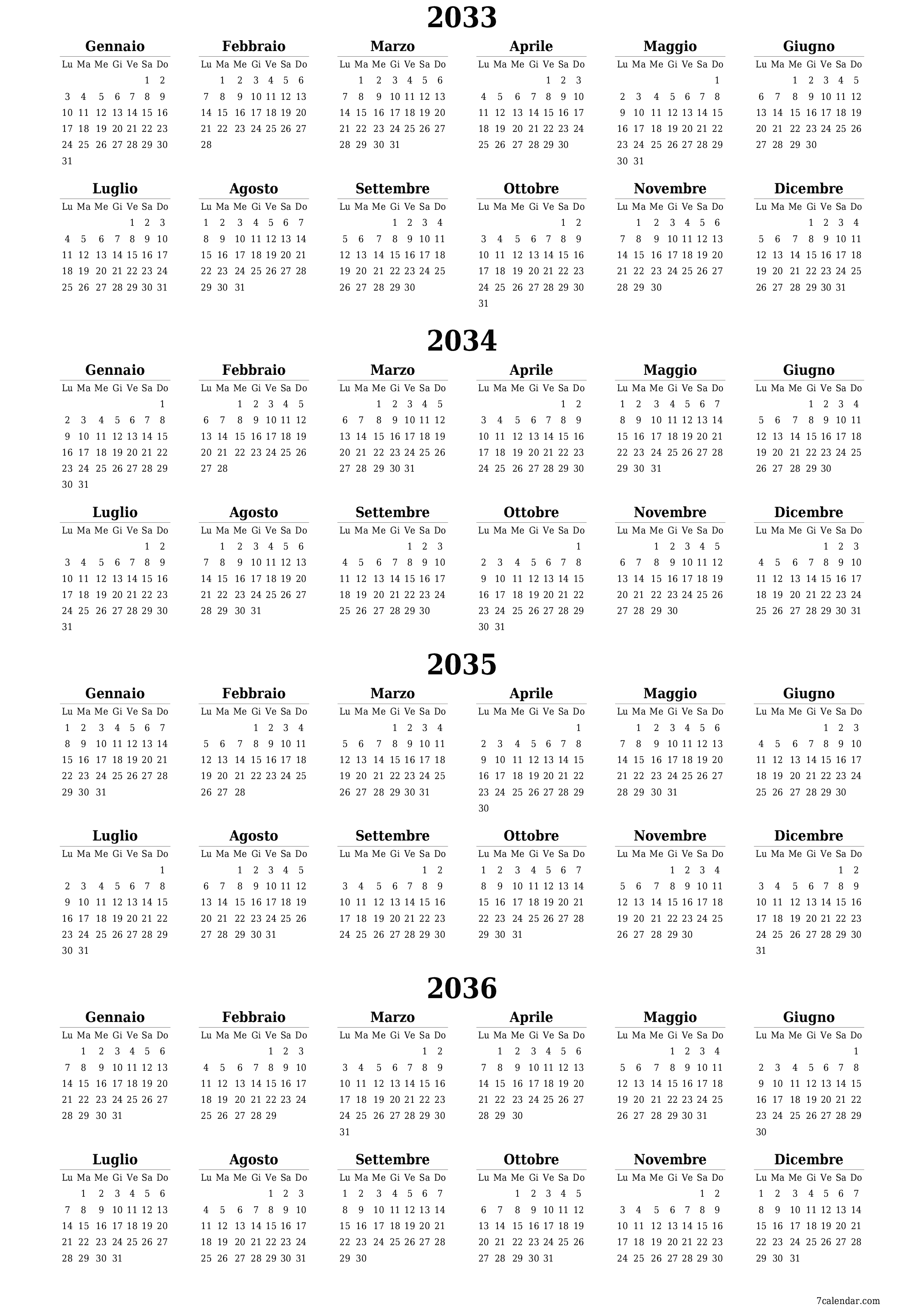  stampabile da parete modello di gratuitoverticale Annuale calendario Giugno (Giu) 2033