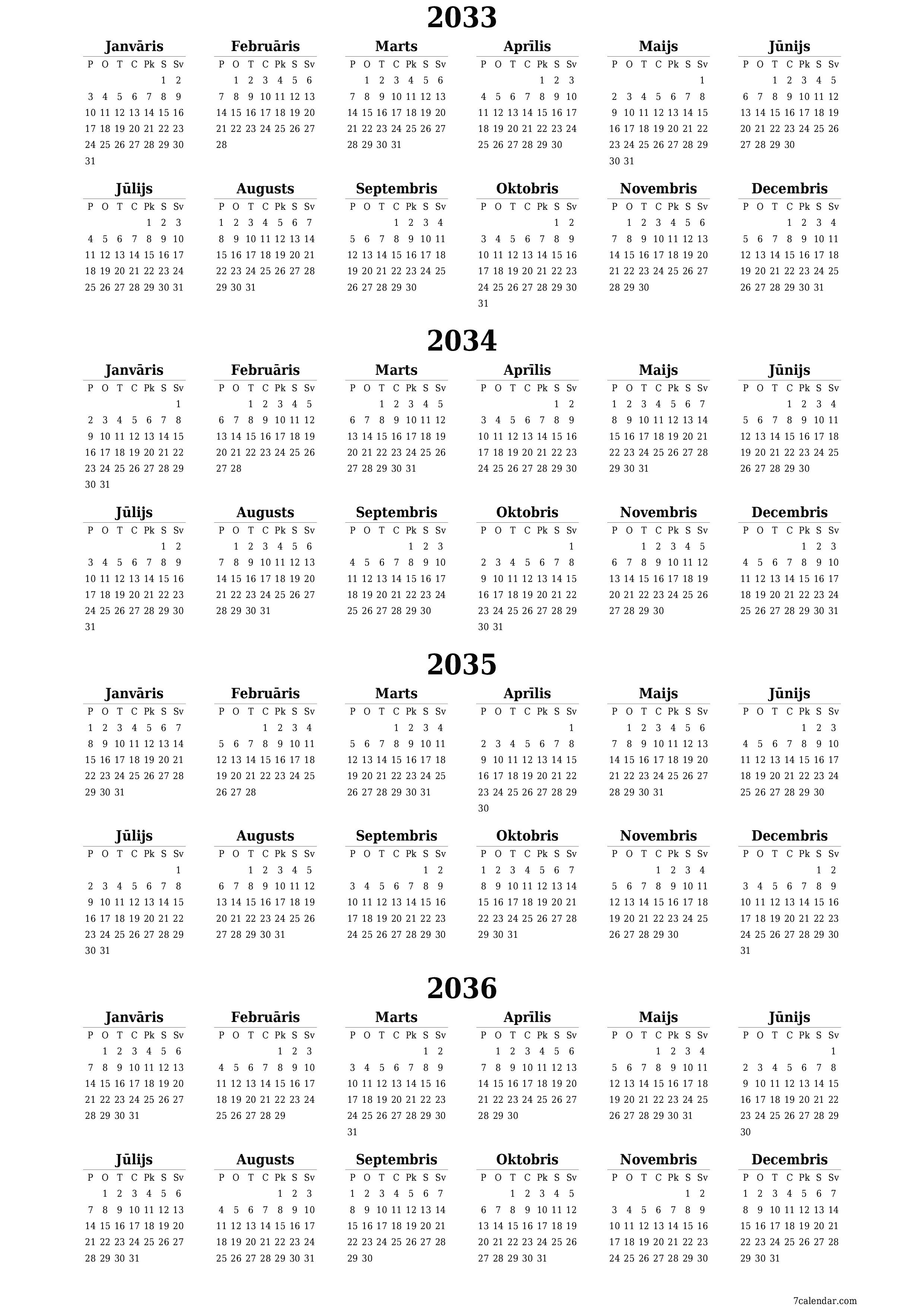 Tukšs gada plānotāja kalendārs gadam 2033, 2034, 2035, 2036 ar piezīmēm, saglabāšana un izdrukāšana PDF formātā PNG Latvian