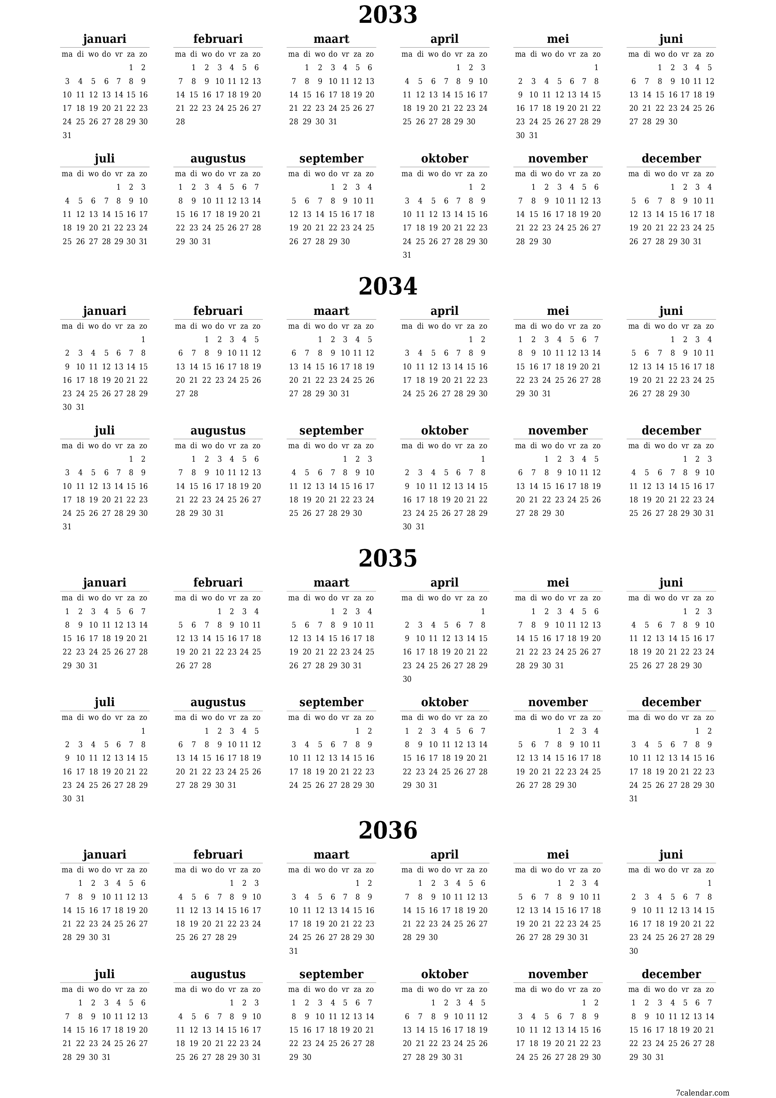 Lege jaarplanningskalender voor het jaar 2033, 2034, 2035, 2036 met notities, opslaan en afdrukken naar pdf PNG Dutch