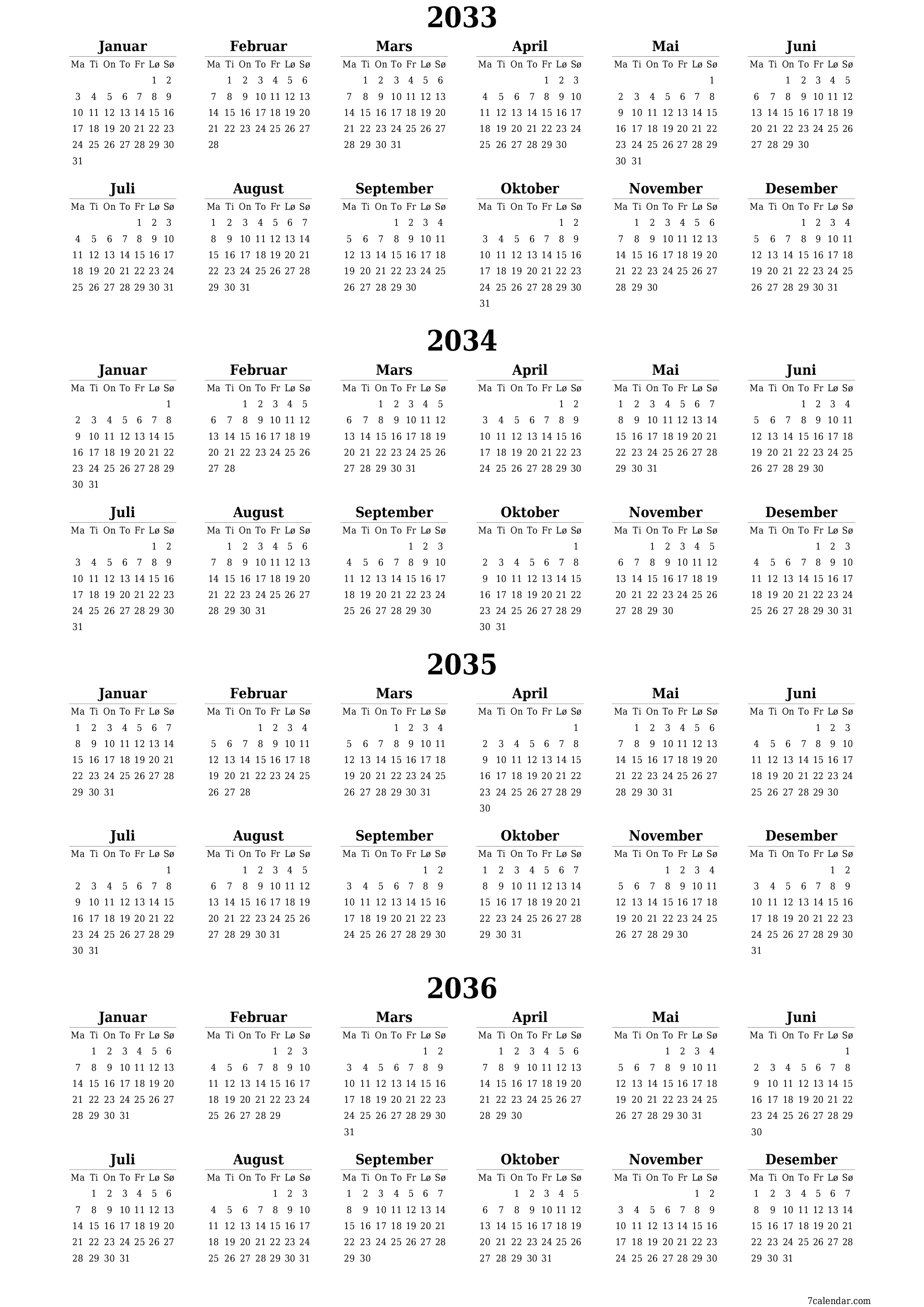 Tom årlig planleggerkalender for året 2033, 2034, 2035, 2036 med notater, lagre og skrive ut i PDF PNG Norwegian