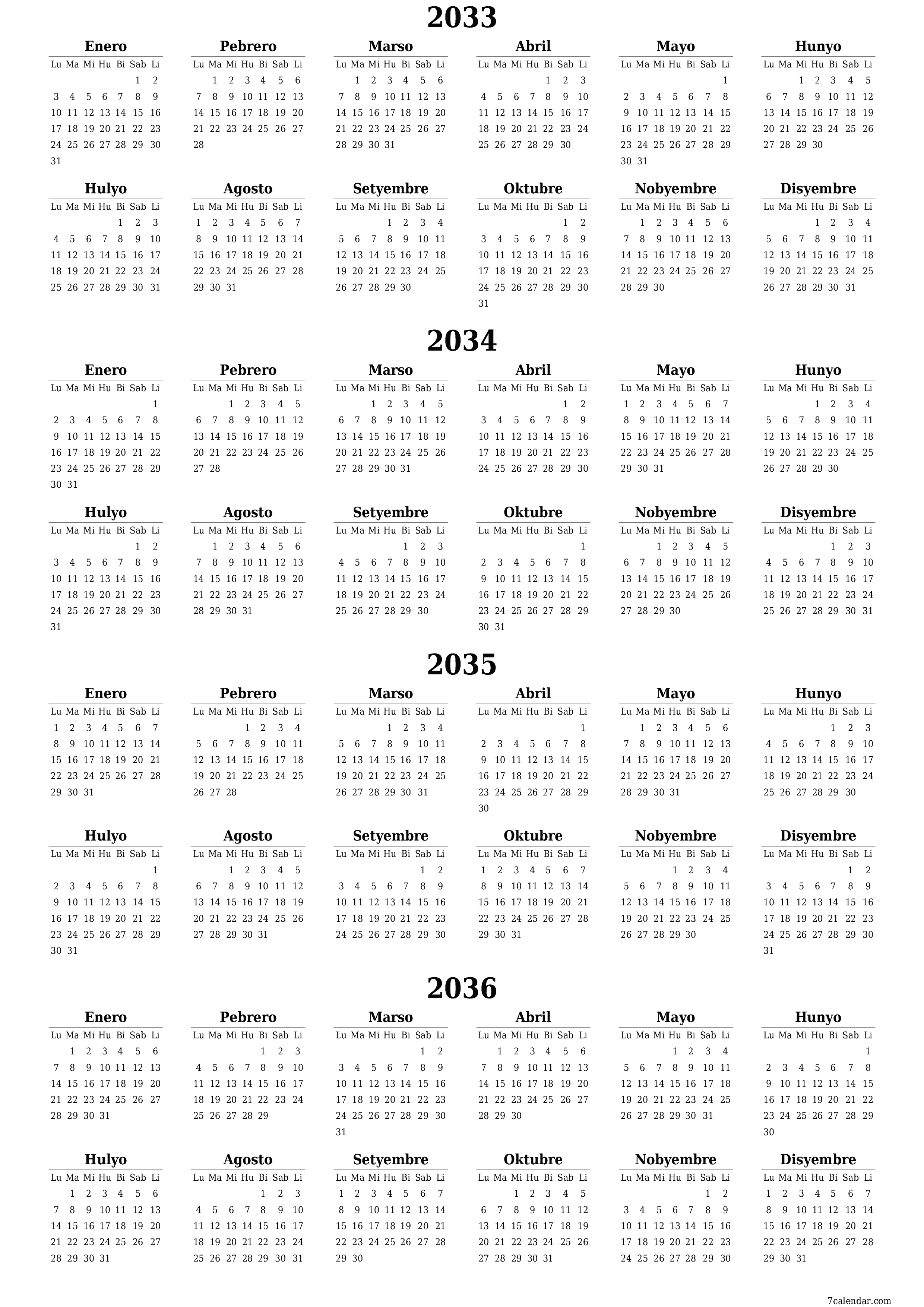 Walang laman ang taunang kalendaryo ng tagaplano para sa taong 2033, 2034, 2035, 2036 na may mga tala, i-save at i-print sa PDF PNG Filipino