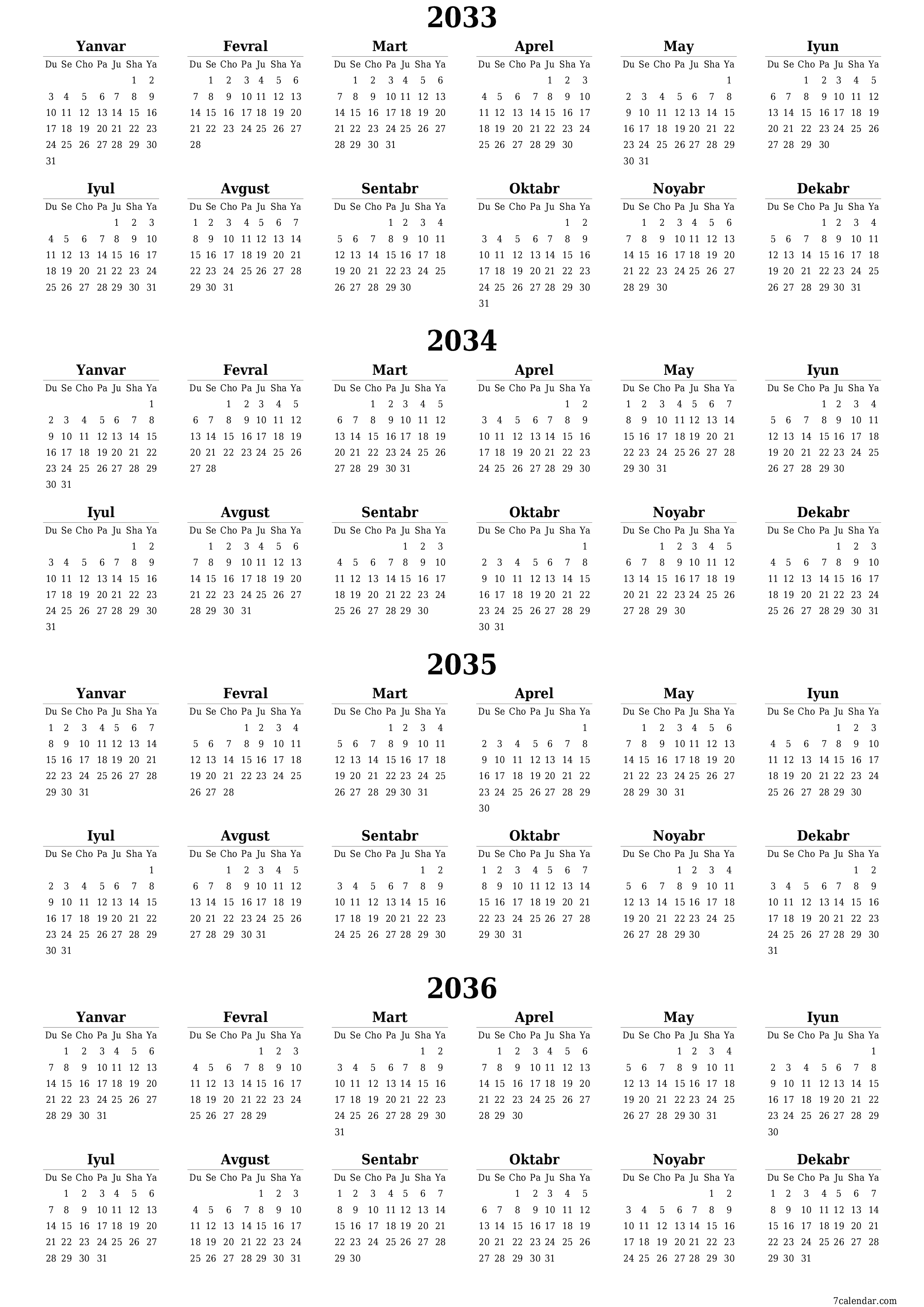 chop etiladigan devor taqvimi shabloni bepul vertikal Yillik kalendar Iyun (Iyun) 2033