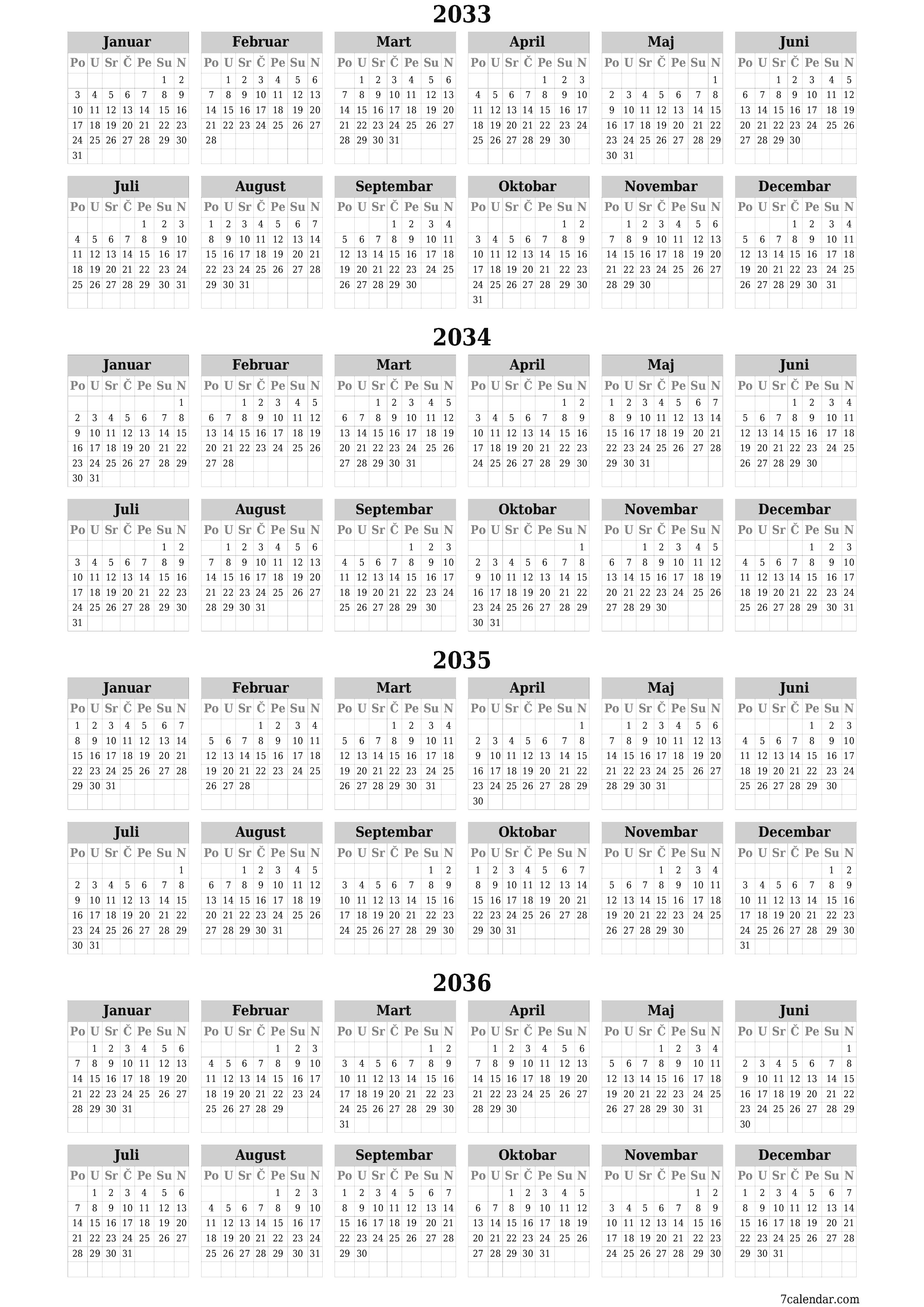 Ispraznite godišnji kalendar planera za godinu 2033, 2034, 2035, 2036 s bilješkama, spremite i ispišite u PDF PNG Bosnian