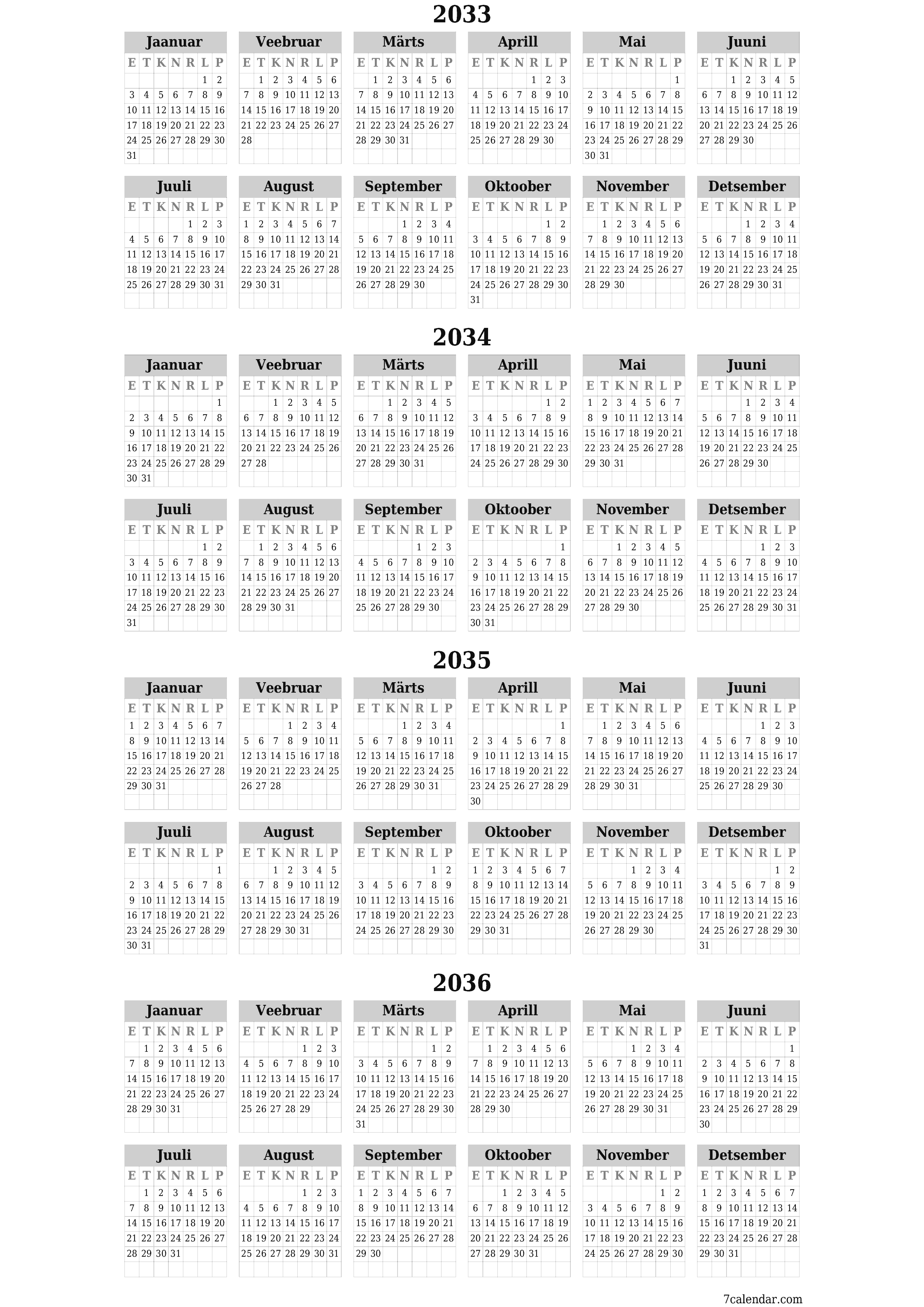 Tühi aasta planeerija kalender aastaks 2033, 2034, 2035, 2036 koos märkmetega, salvestage ja printige PDF-i PNG Estonian