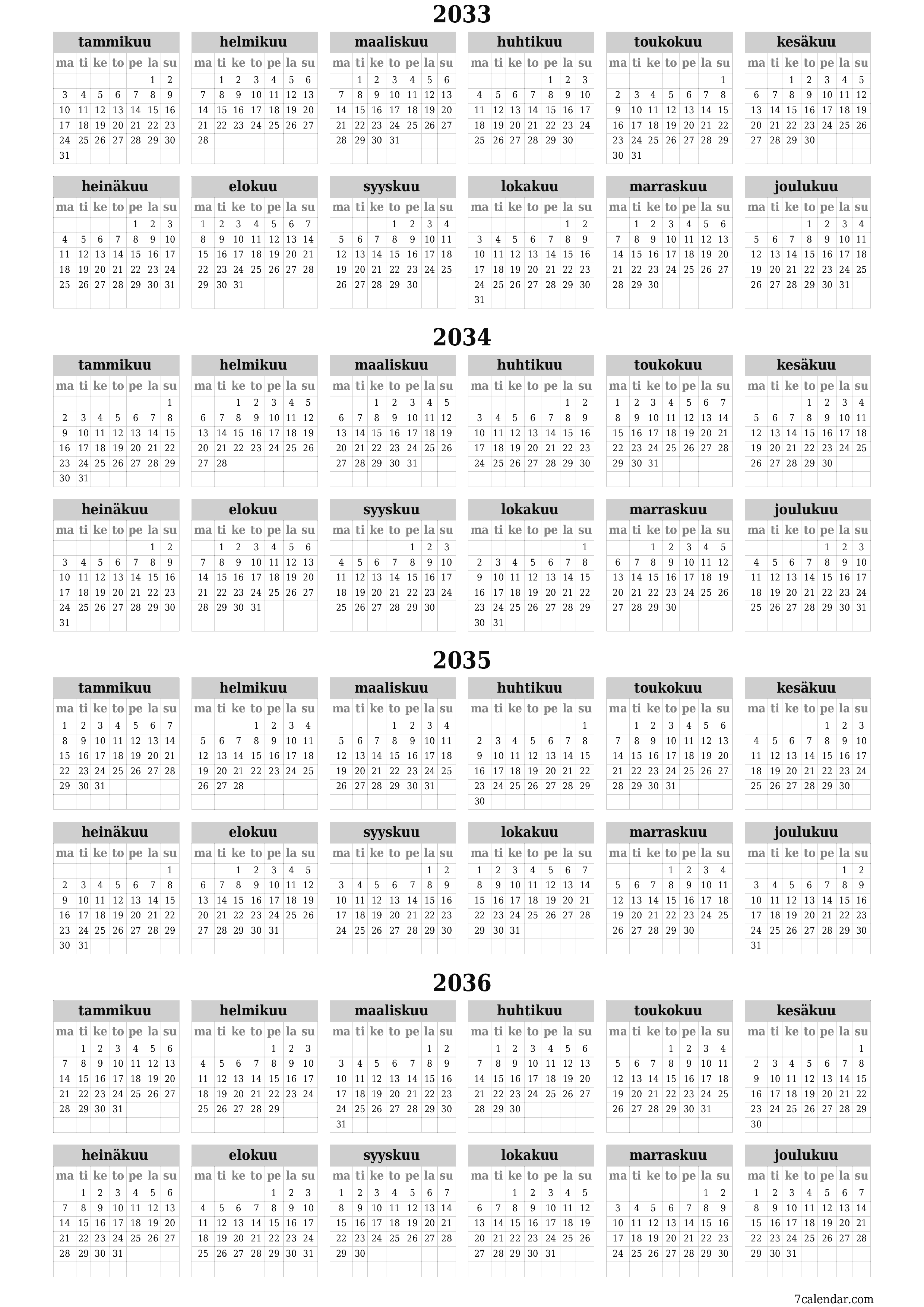 Tyhjä vuosisuunnittelukalenteri vuodelle 2033, 2034, 2035, 2036 muistiinpanoilla, tallenna ja tulosta PDF-muotoon PNG Finnish