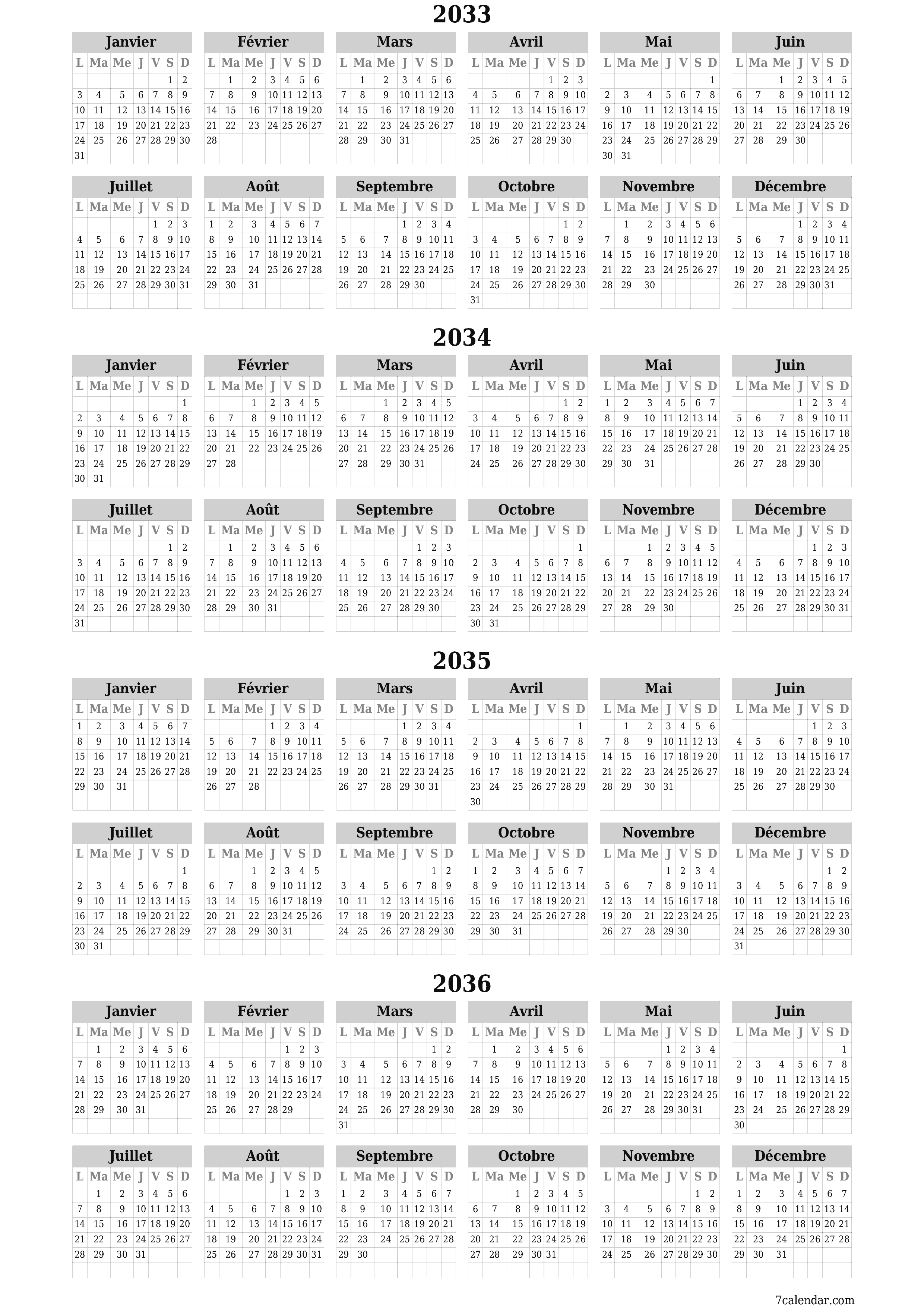 Calendrier annuel vide pour l'année 2033, 2034, 2035, 2036 avec notes, enregistrer et imprimer au format PDF PNG French