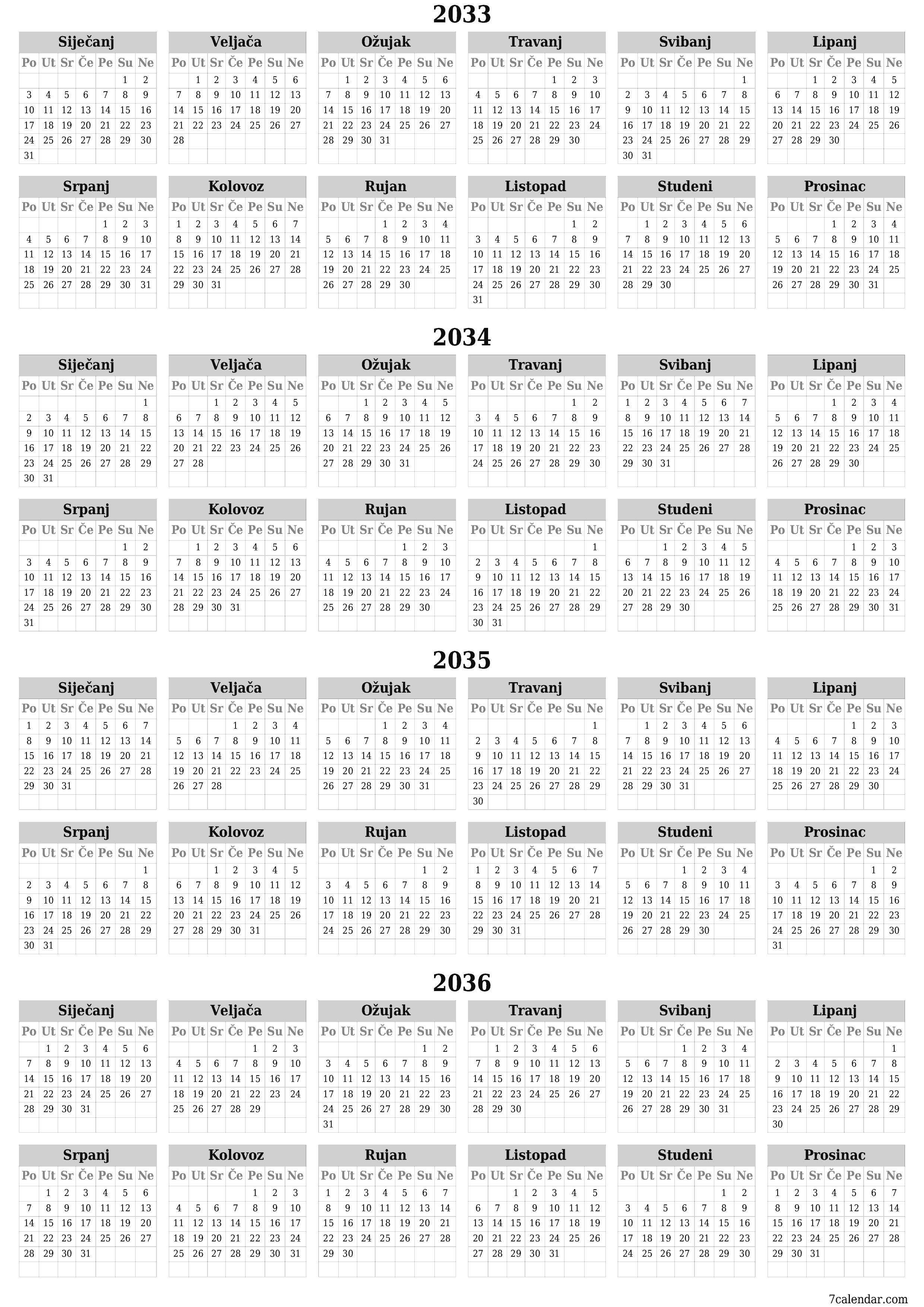 Ispraznite godišnji kalendar planera za godinu 2033, 2034, 2035, 2036 s bilješkama, spremite i ispišite u PDF PNG Croatian