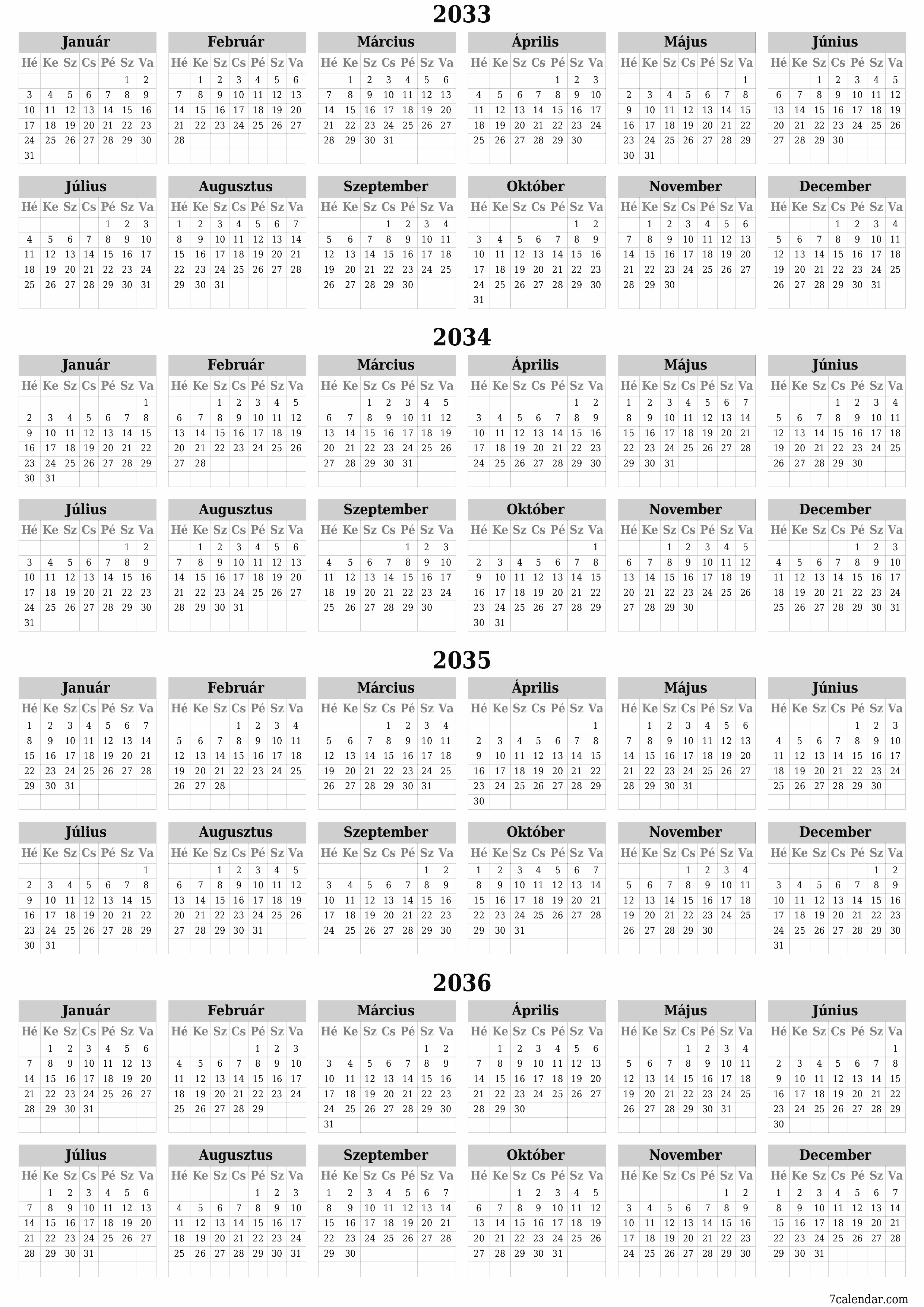 Üres éves tervezői naptár az évre 2033, 2034, 2035, 2036 jegyzetekkel, mentés és nyomtatás PDF-be PNG Hungarian