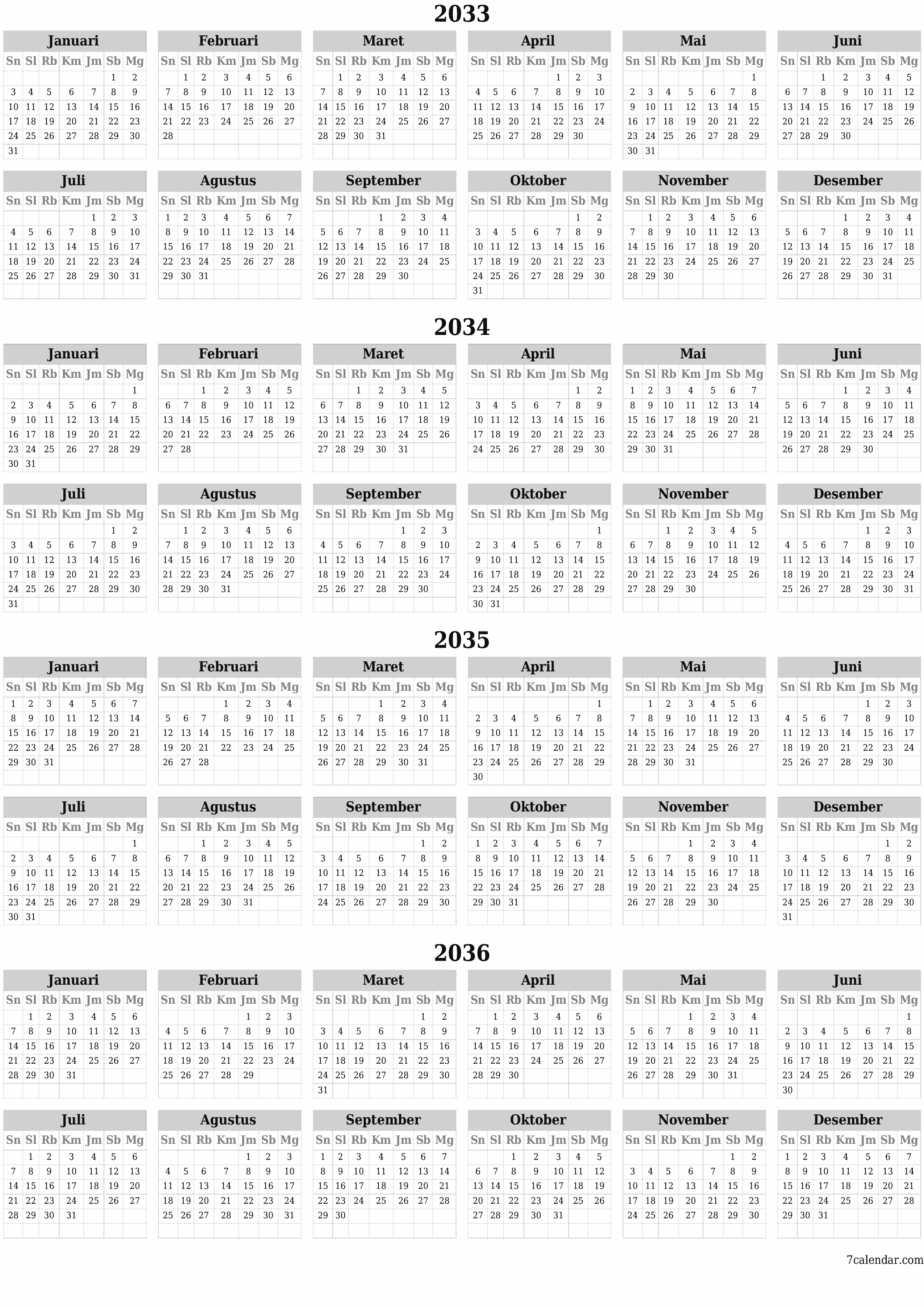  yang dapat dicetak dinding templat gratisvertikal Tahunan kalender Juni (Jun) 2033