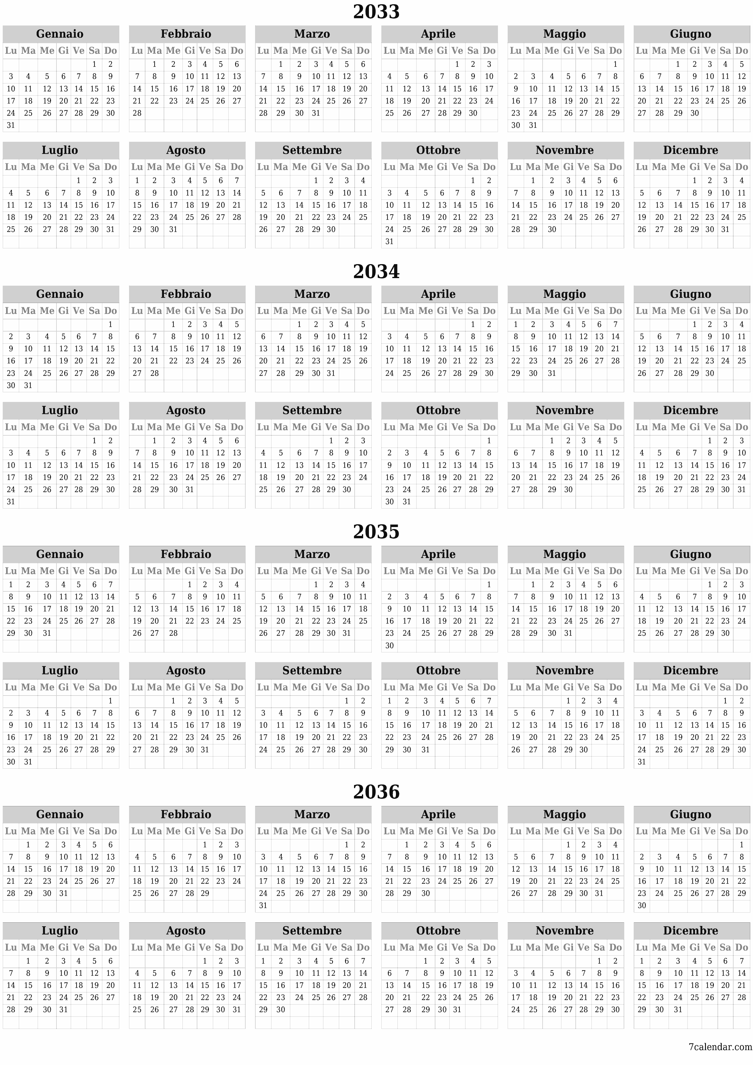  stampabile da parete modello di gratuitoverticale Annuale calendario Giugno (Giu) 2033
