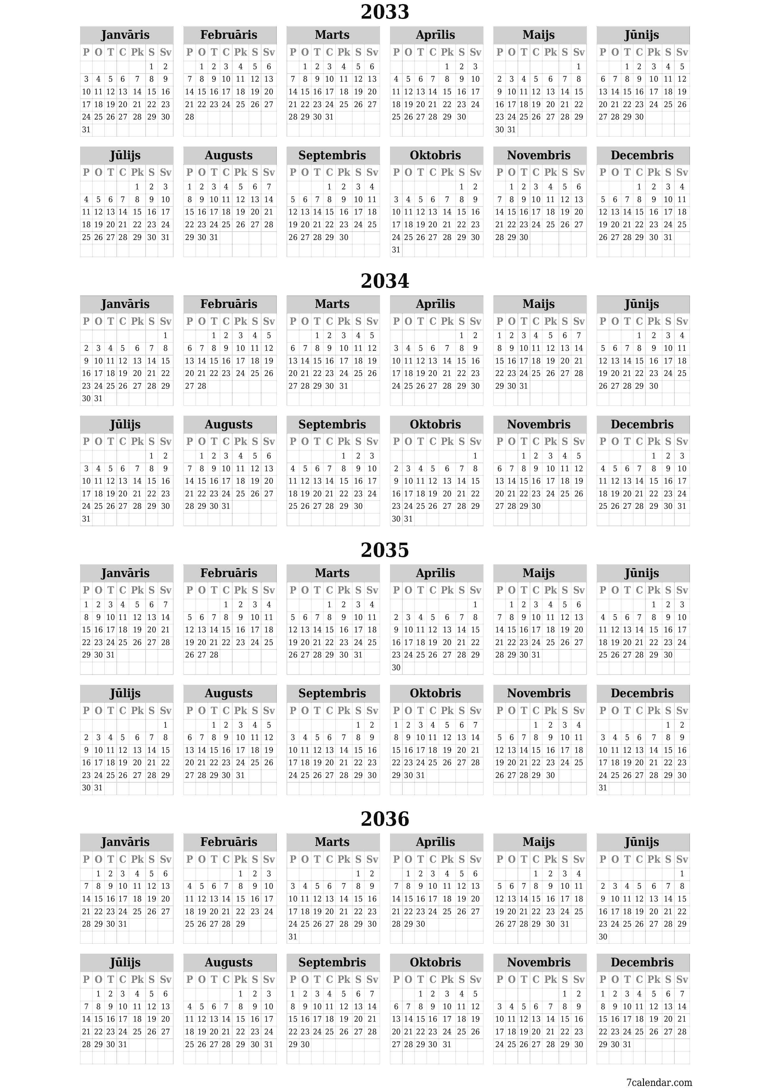 Tukšs gada plānotāja kalendārs gadam 2033, 2034, 2035, 2036 ar piezīmēm, saglabāšana un izdrukāšana PDF formātā PNG Latvian