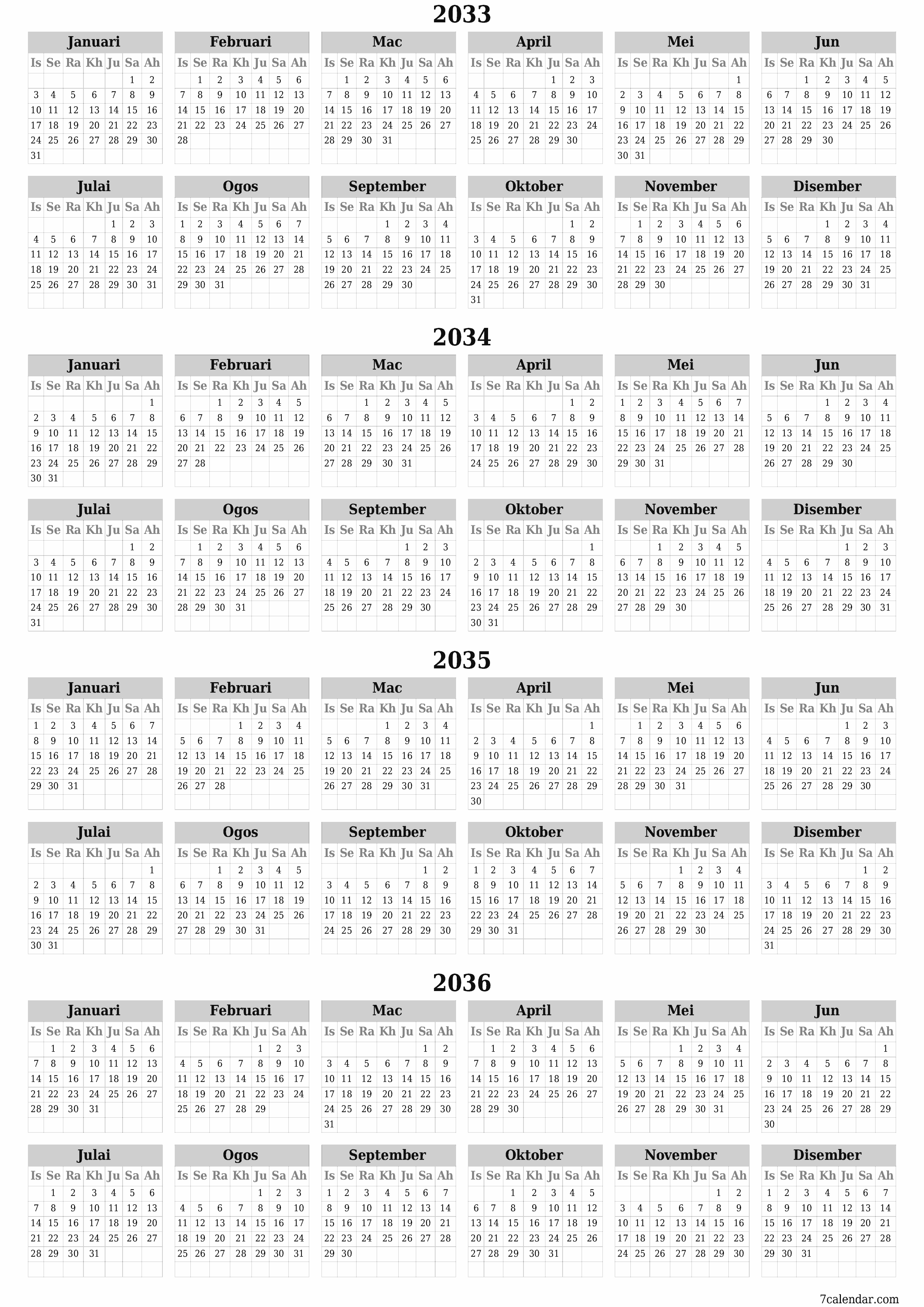 Kalendar perancang tahunan kosong untuk tahun ini 2033, 2034, 2035, 2036 dengan nota, simpan dan cetak ke PDF PNG Malay