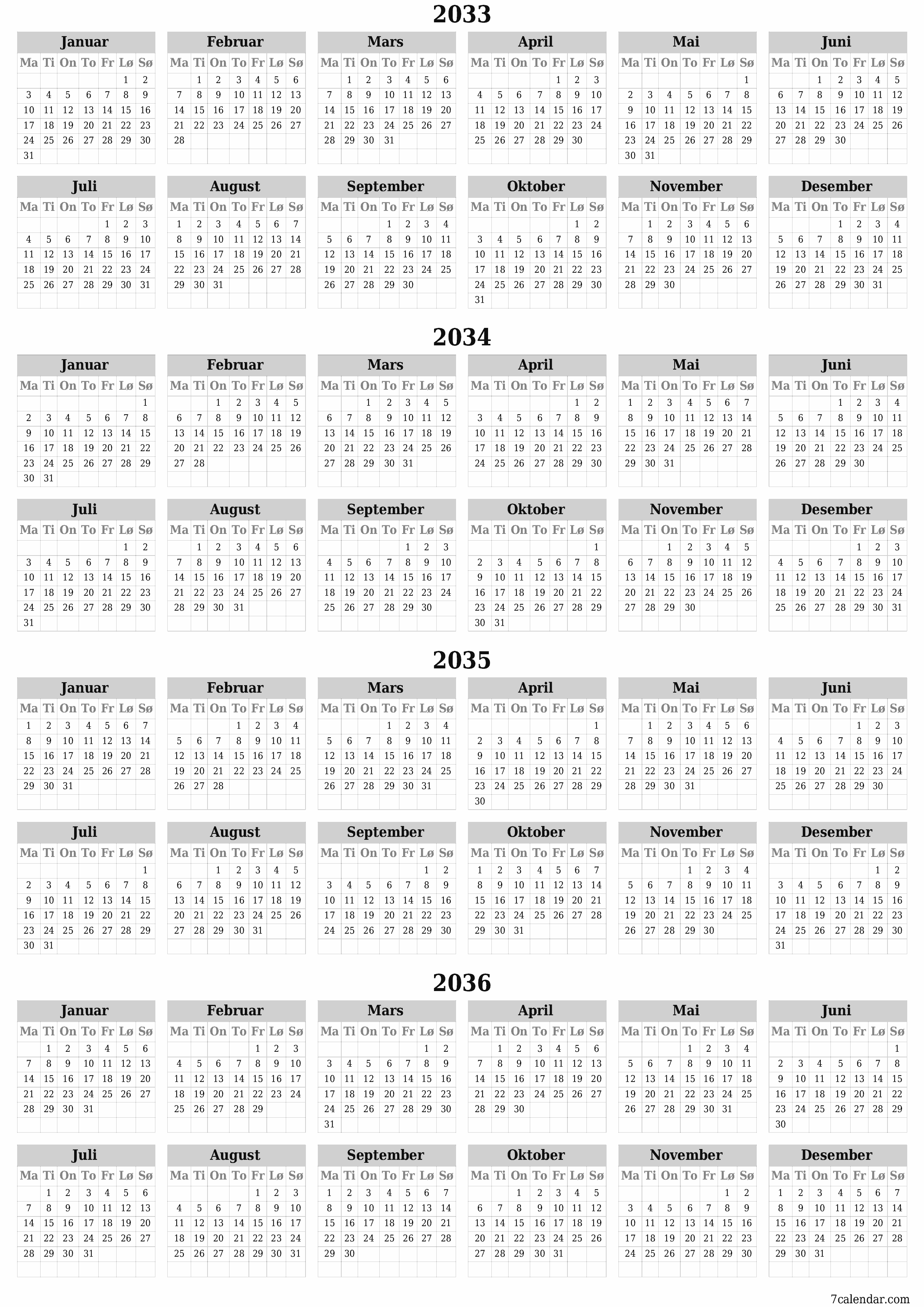 Tom årlig planleggerkalender for året 2033, 2034, 2035, 2036 med notater, lagre og skrive ut i PDF PNG Norwegian