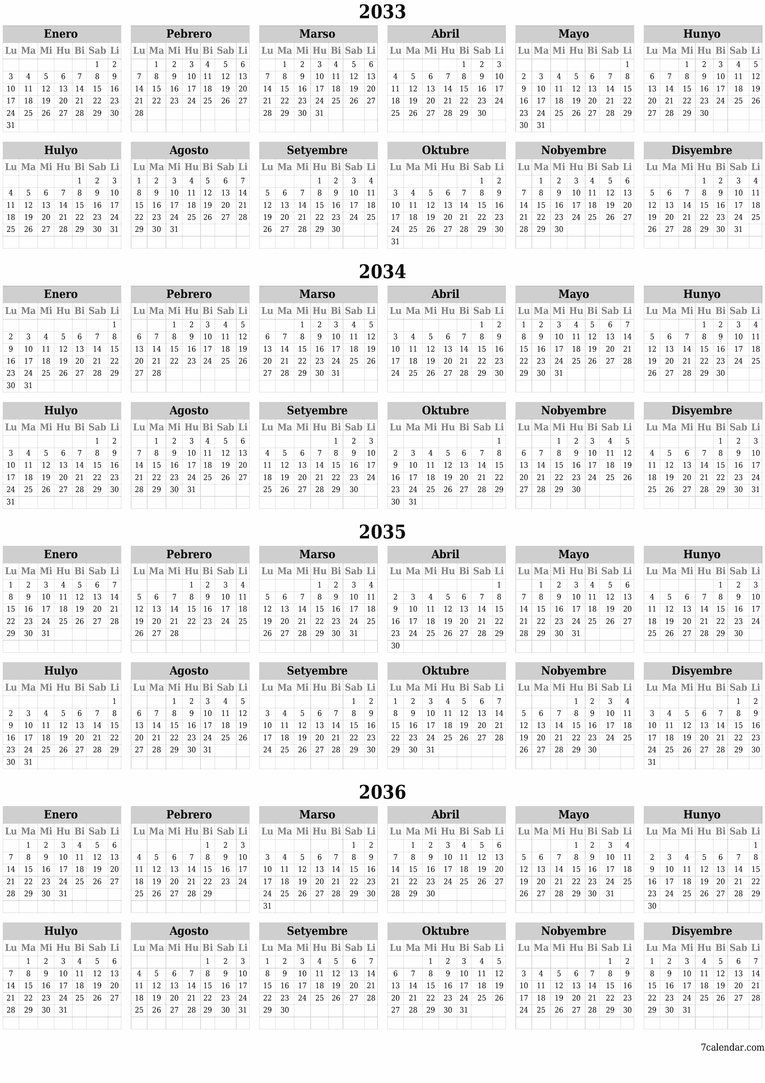 Walang laman ang taunang kalendaryo ng tagaplano para sa taong 2033, 2034, 2035, 2036 na may mga tala, i-save at i-print sa PDF PNG Filipino