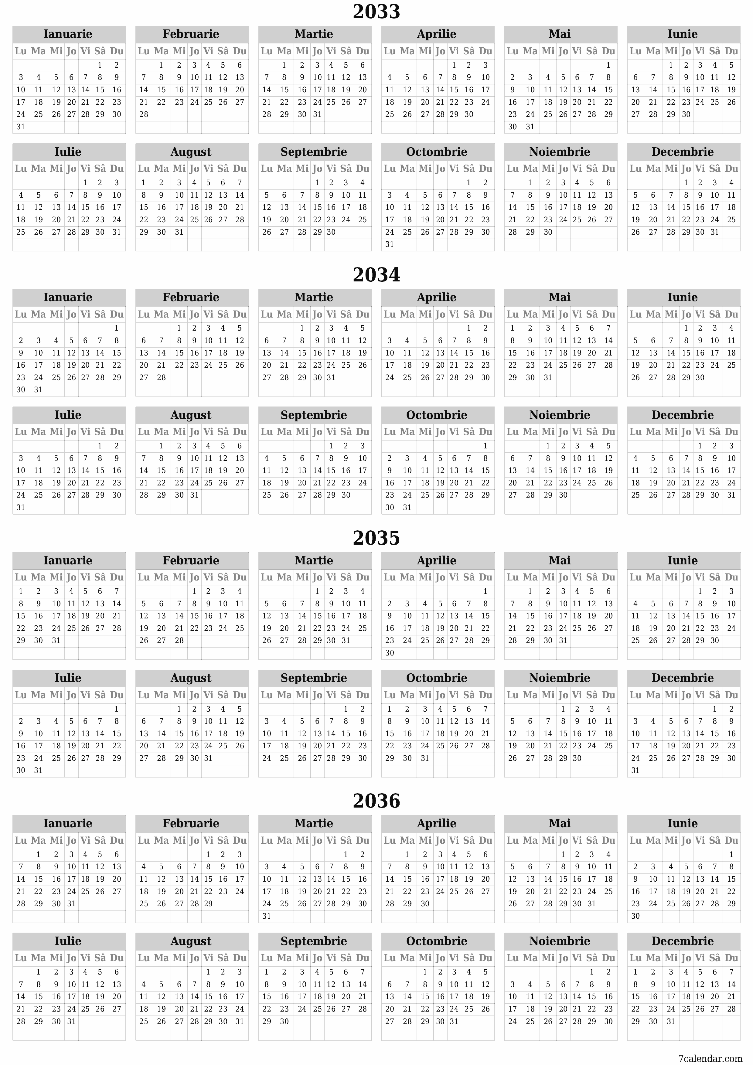 Goliți calendarul anual al planificatorului pentru anul 2033, 2034, 2035, 2036 cu note, salvați și tipăriți în PDF PNG Romanian