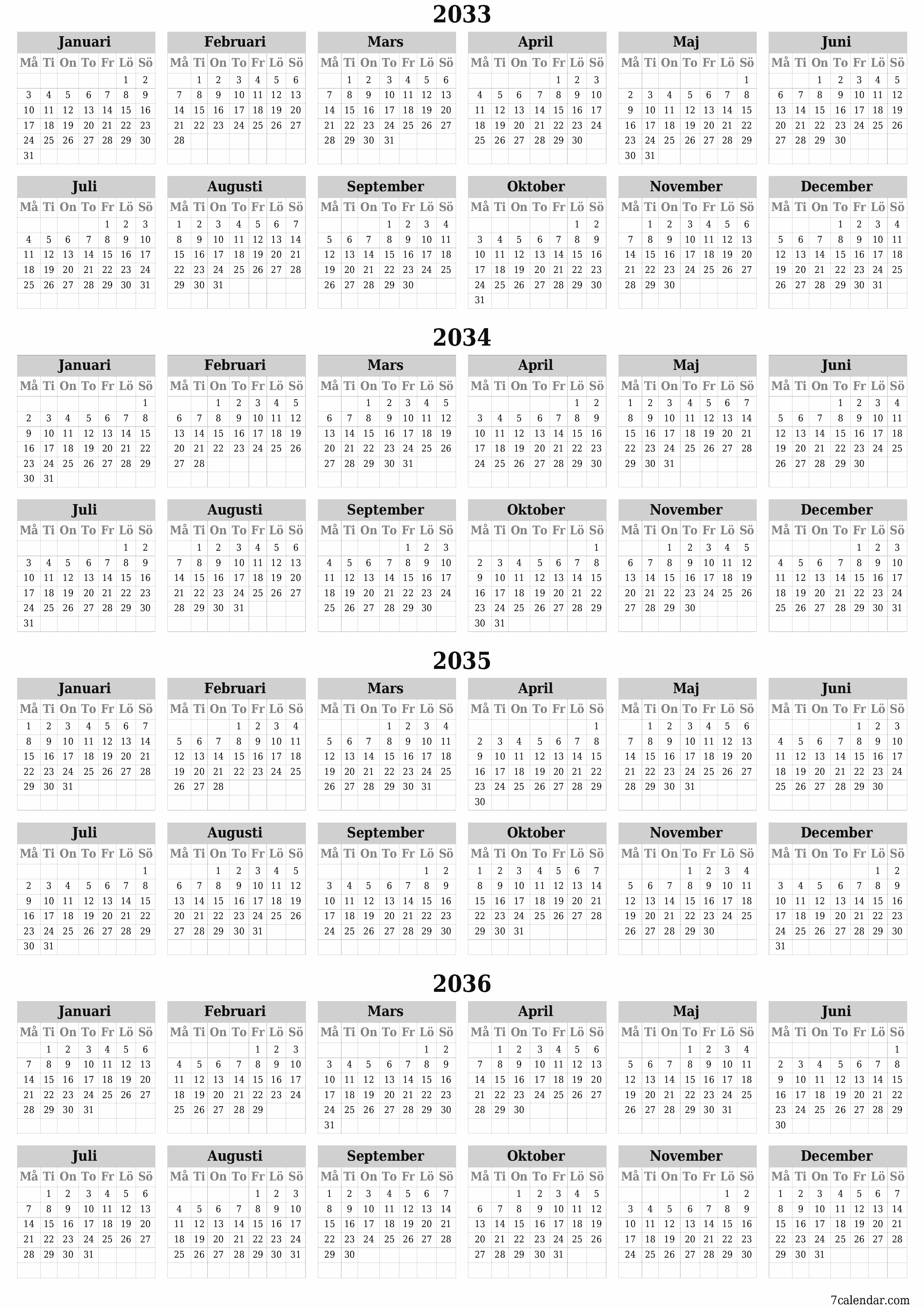 Tom årlig planeringskalender för året 2033, 2034, 2035, 2036 med anteckningar, spara och skriv ut till PDF PNG Swedish