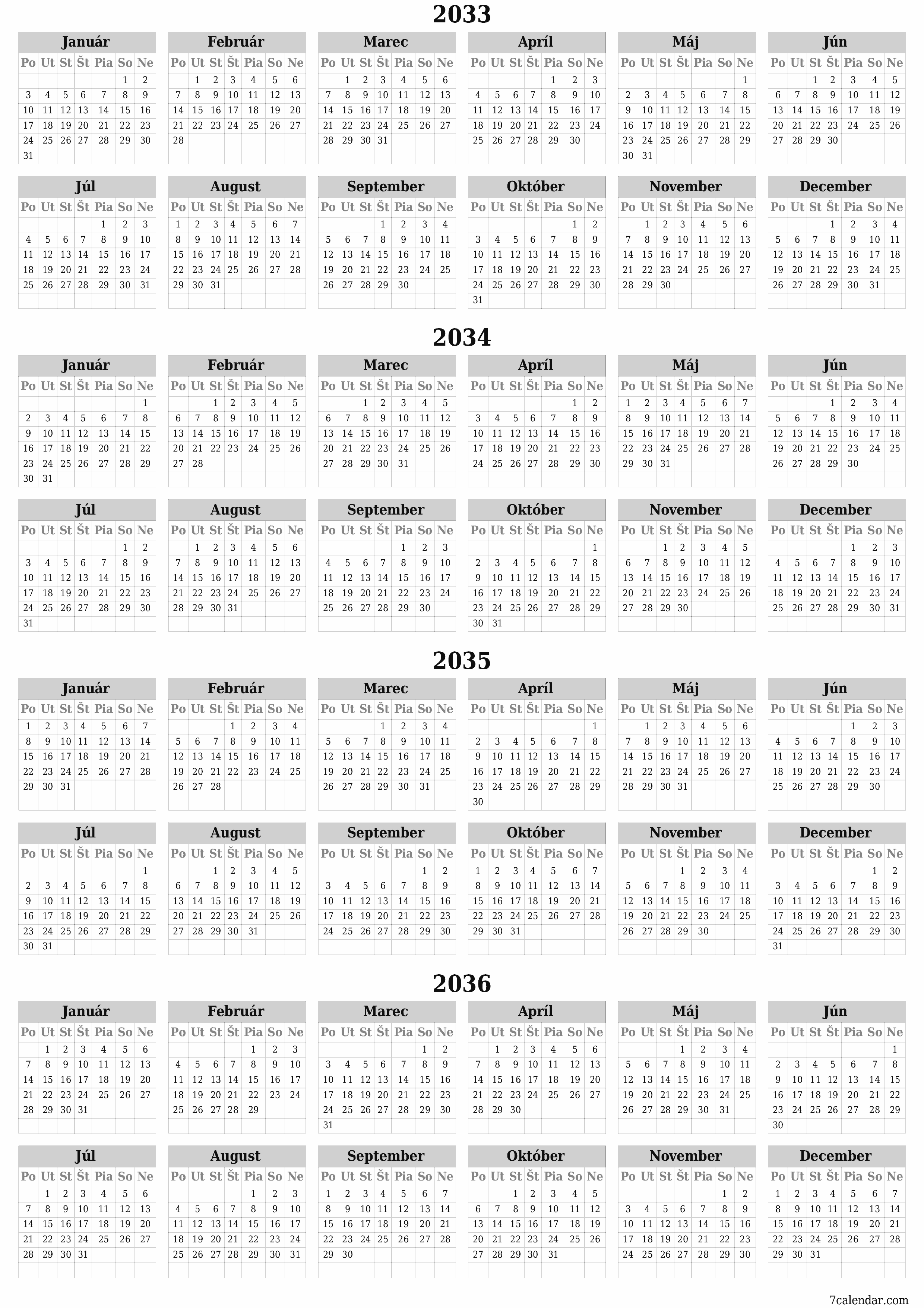 Prázdny ročný kalendár plánovača na rok 2033, 2034, 2035, 2036 s poznámkami, uložením a tlačou do formátu PDF PNG Slovak