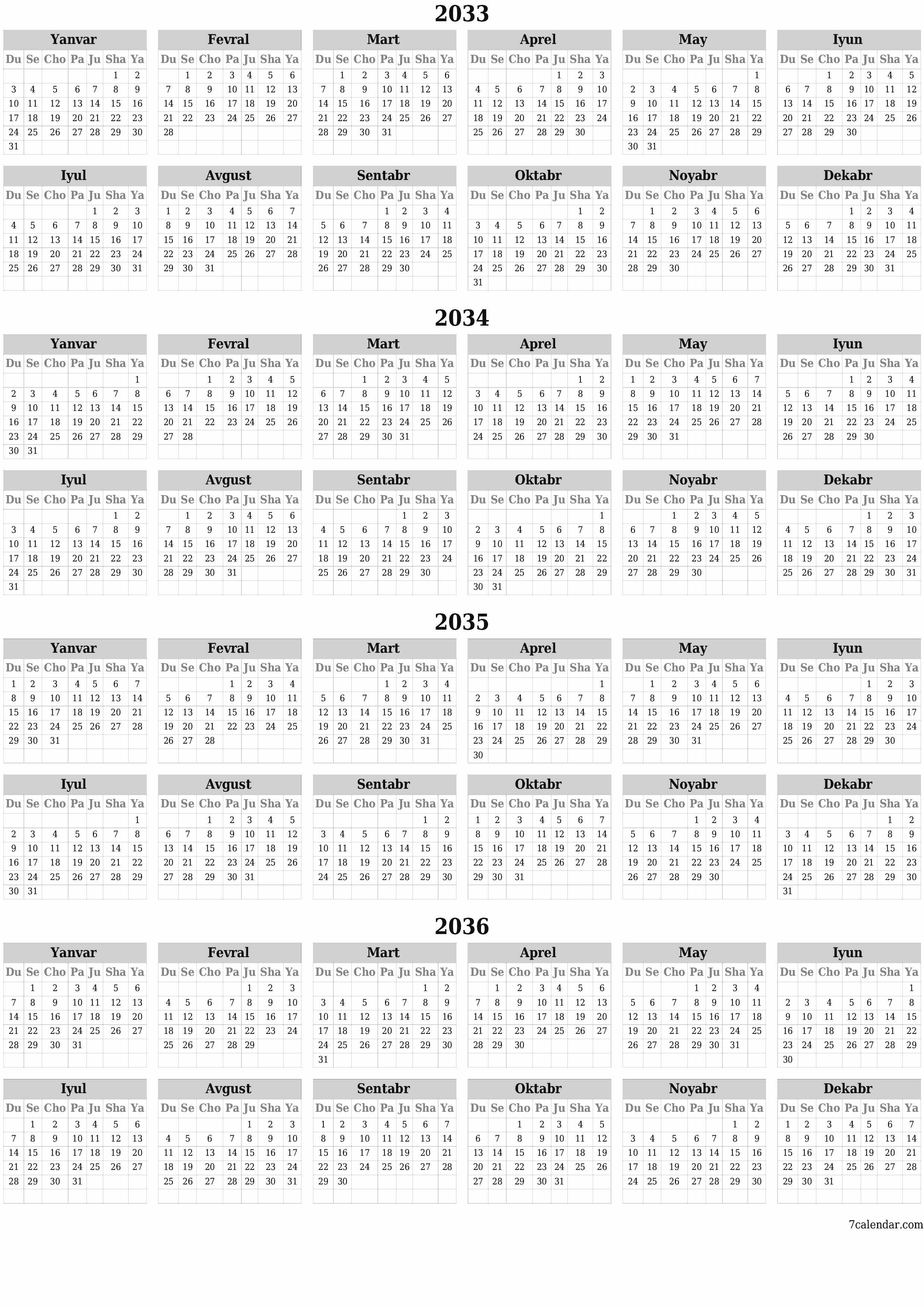 chop etiladigan devor taqvimi shabloni bepul vertikal Yillik kalendar Iyun (Iyun) 2033