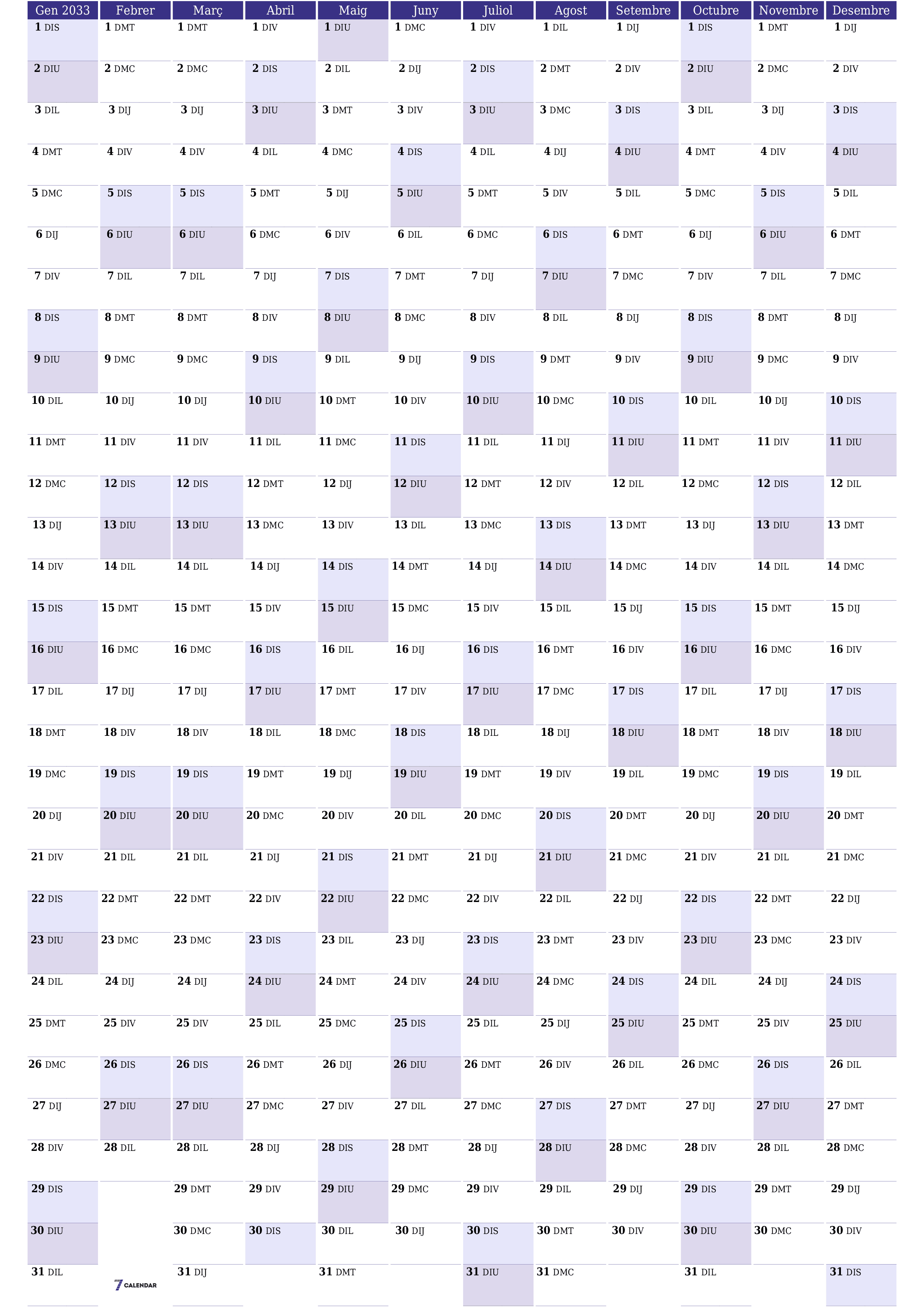 Planificador anual buit 2033 amb notes desades i imprimides en PDF PNG Catalan