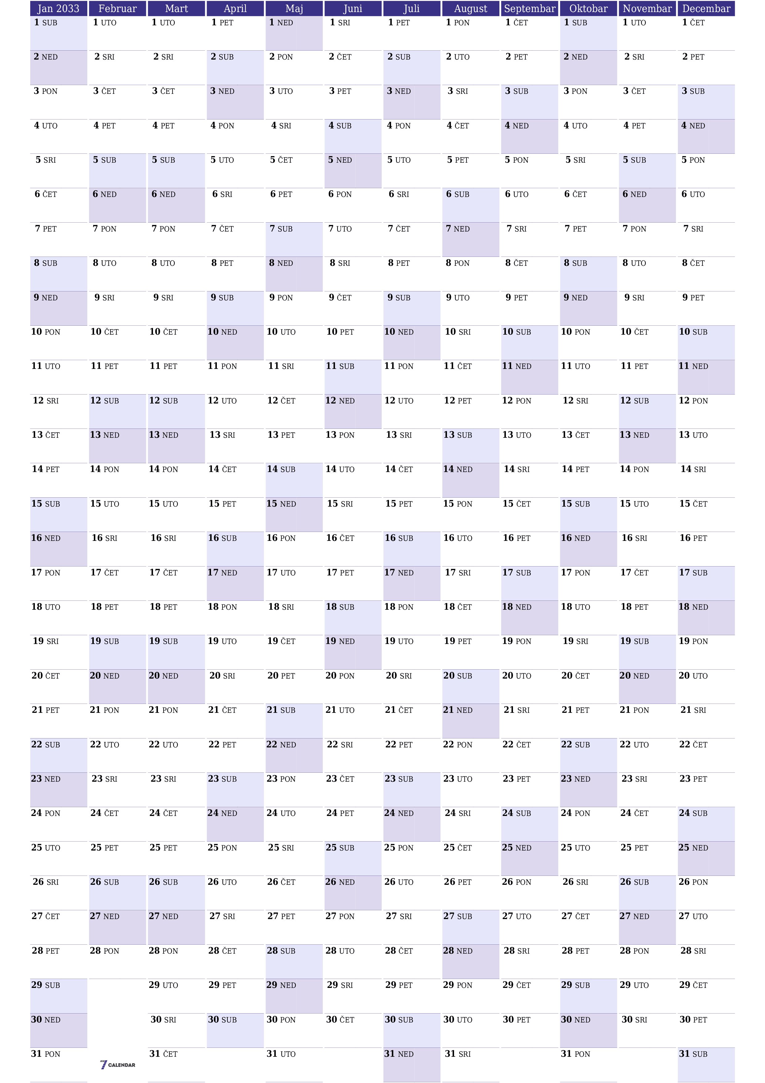 Ispraznite godišnji kalendar planera za godinu 2033 s bilješkama, spremite i ispišite u PDF PNG Bosnian