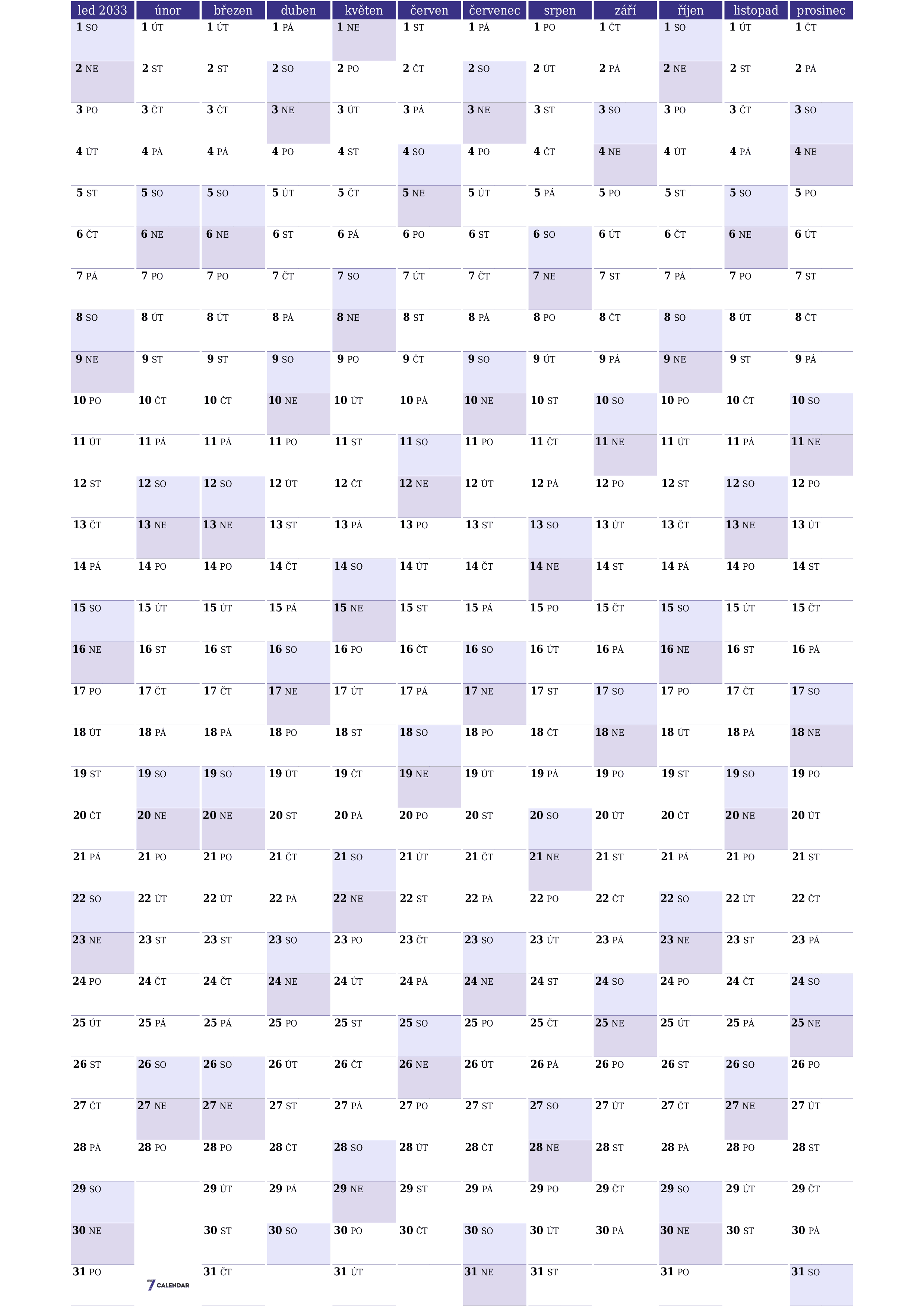 Prázdný roční kalendář plánovače pro rok 2033 s poznámkami, uložením a tiskem do PDF PNG Czech