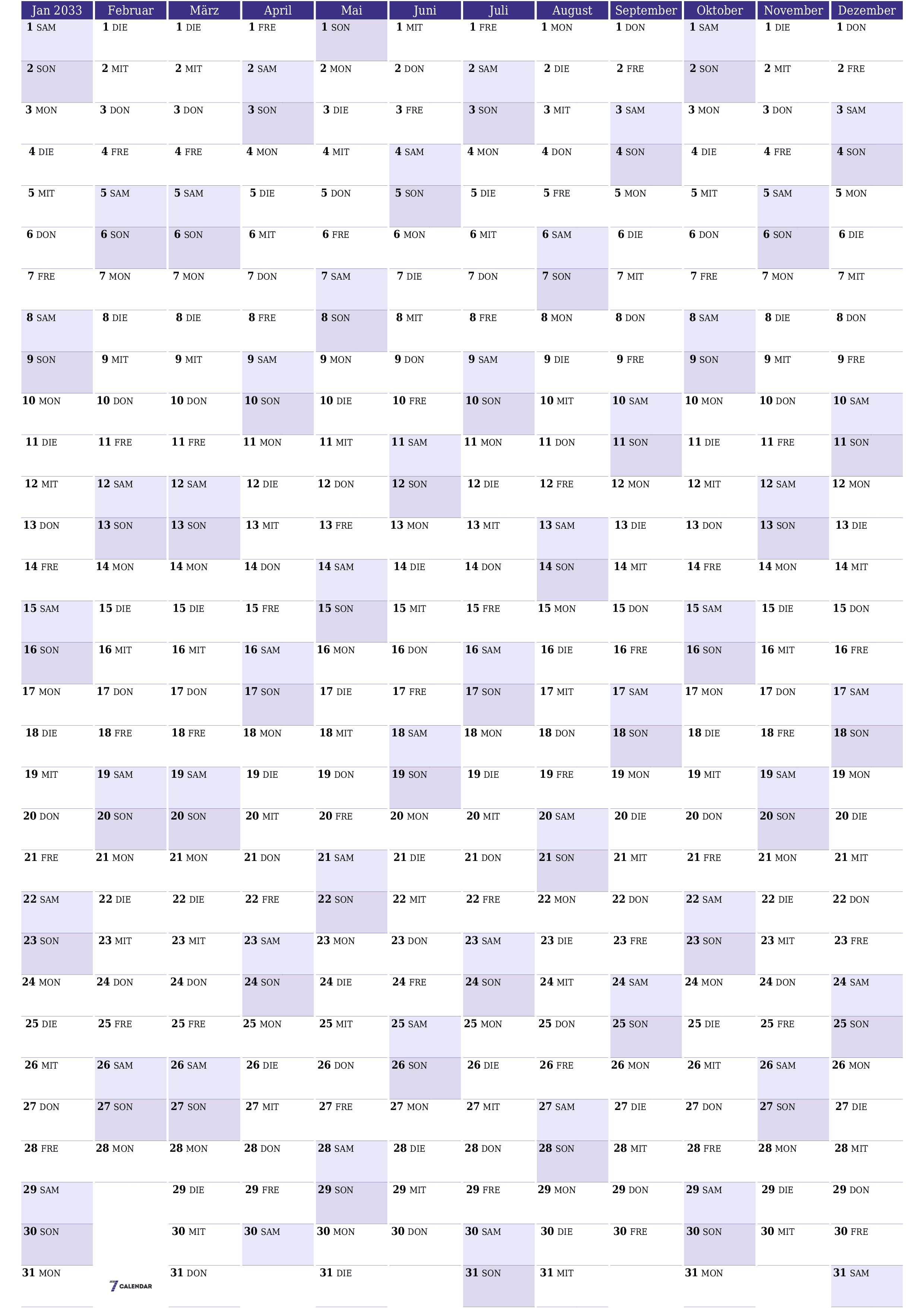 Jahresplanerkalender für das Jahr 2033 mit Notizen leeren, speichern und als PDF PNG German - 7calendar.com drucken