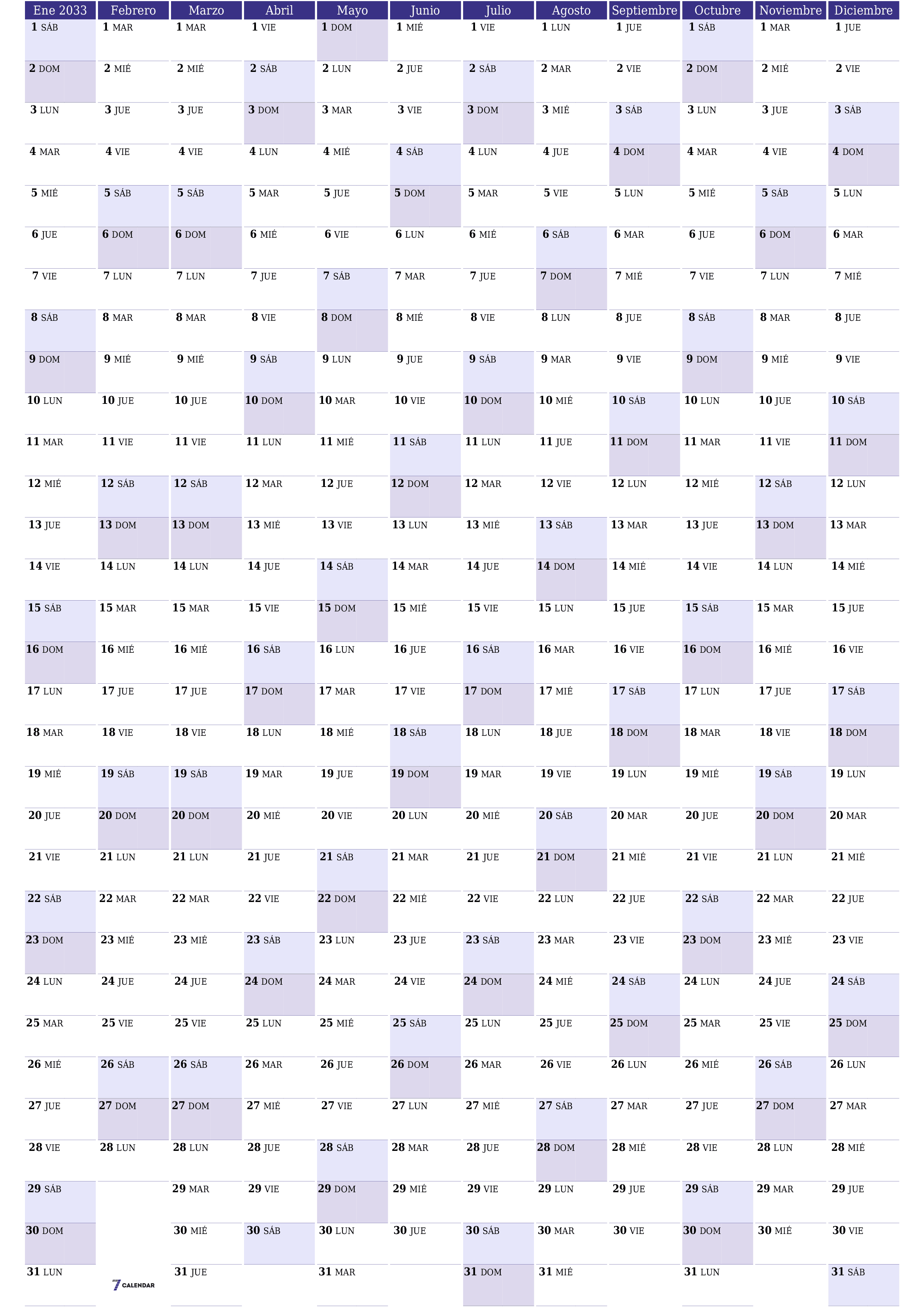 Calendario planificador anual vacío para el año 2033 con notas, guardar e imprimir en PDF PNG Spanish