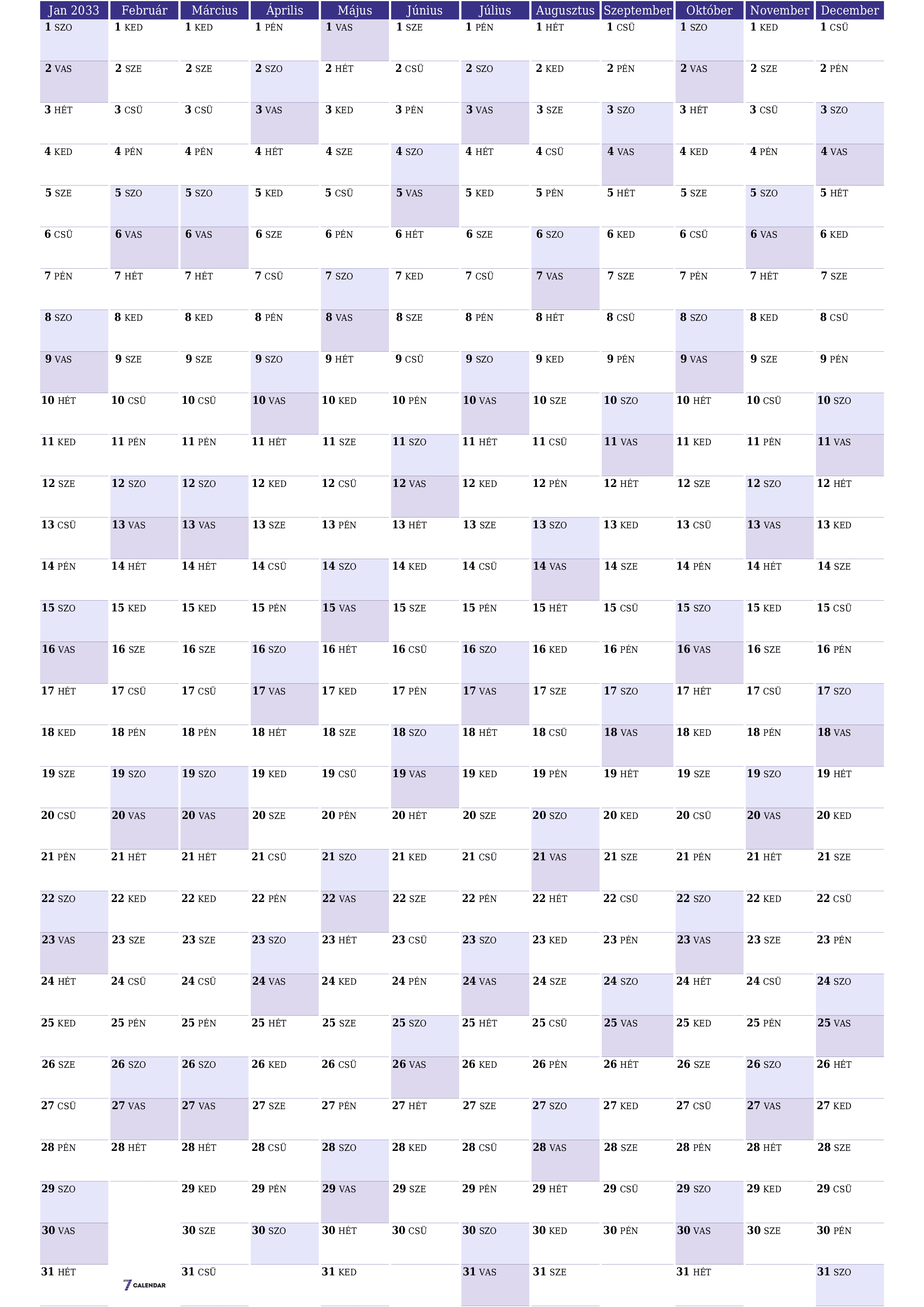 Üres éves tervezői naptár az évre 2033 jegyzetekkel, mentés és nyomtatás PDF-be PNG Hungarian