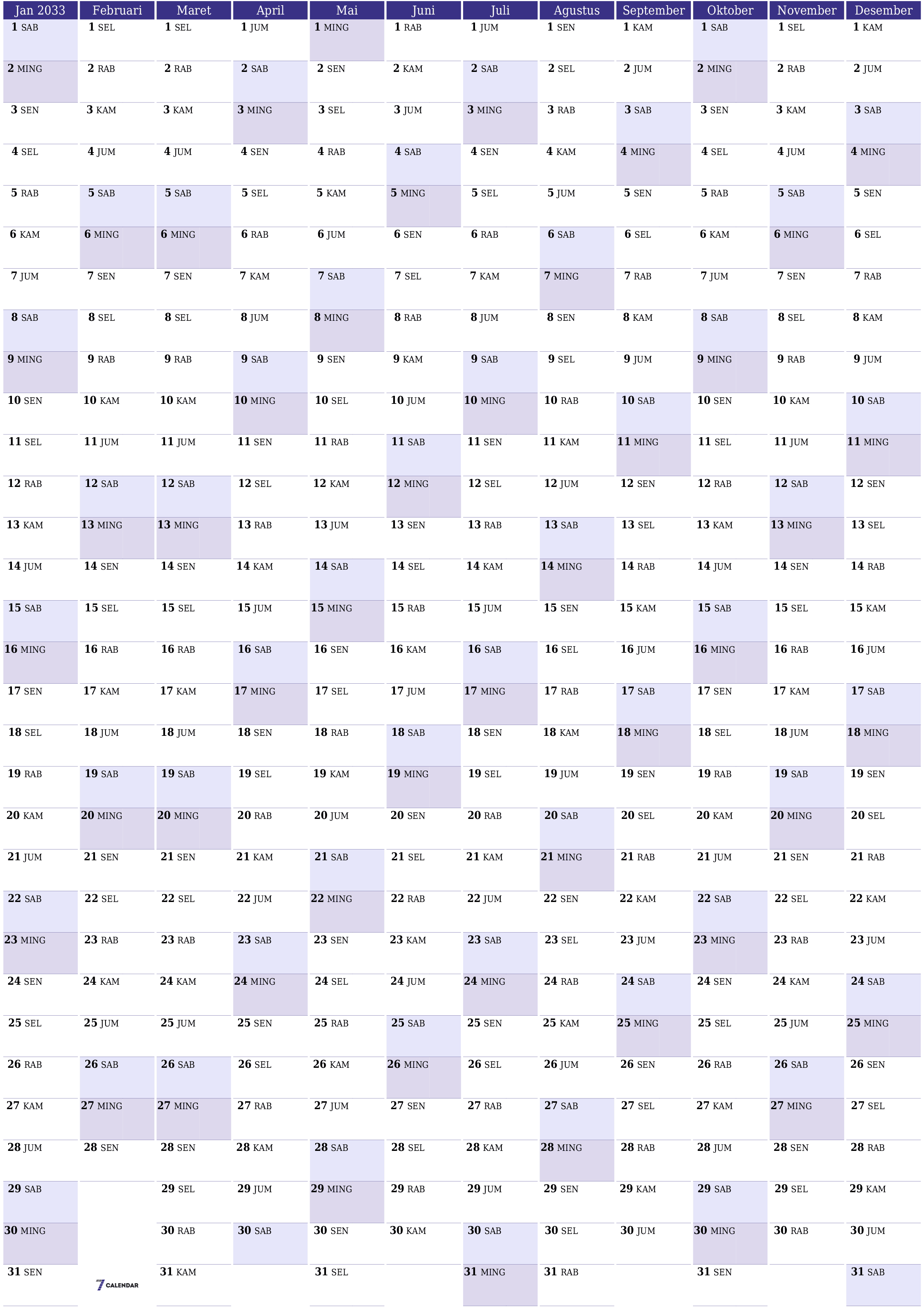  yang dapat dicetak dinding templat gratisvertikal Tahunan perencana kalender Juni (Jun) 2033