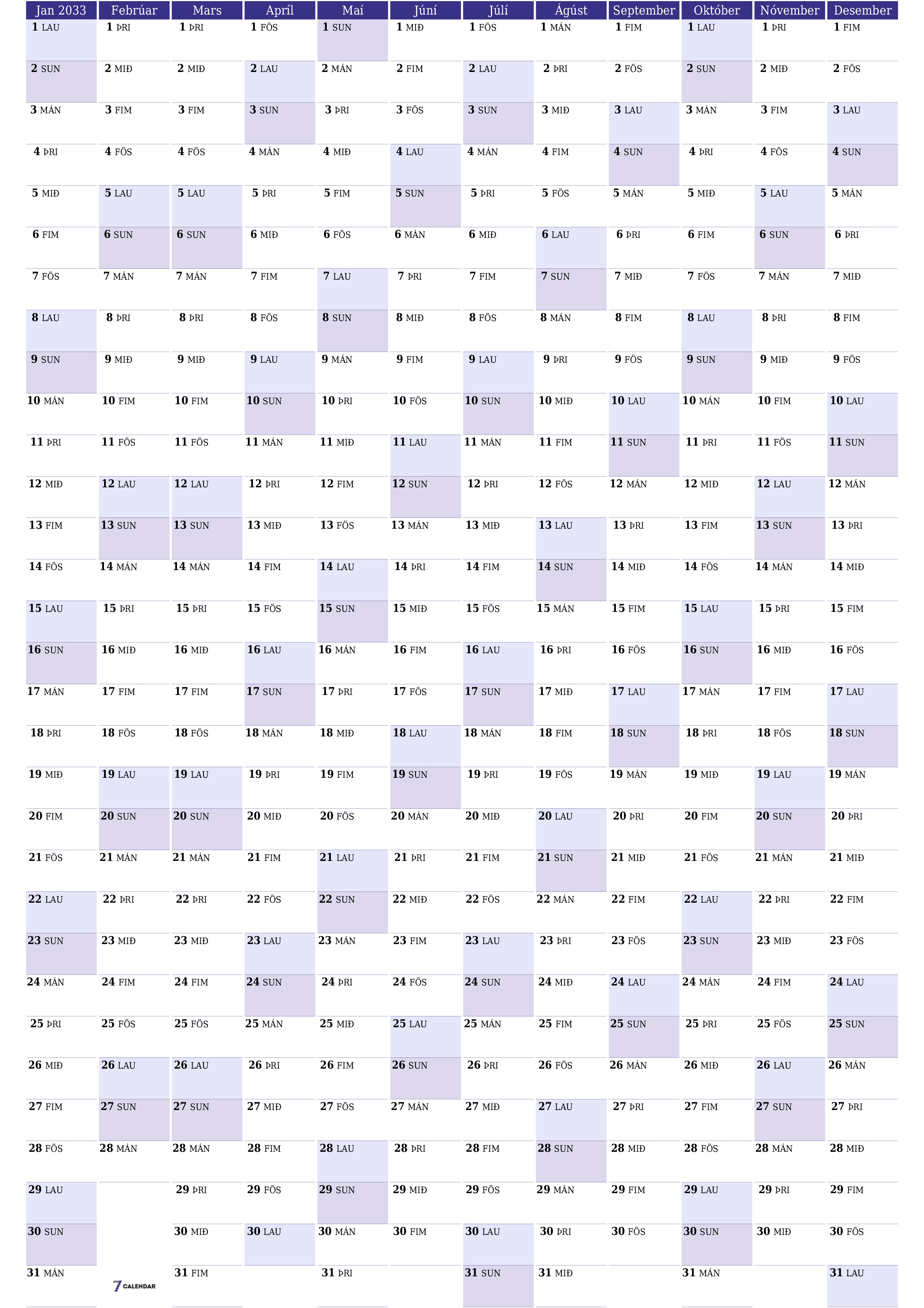 Tómt árlegt dagatal skipuleggjanda fyrir árið 2033 með athugasemdum, vista og prenta á PDF PNG Icelandic