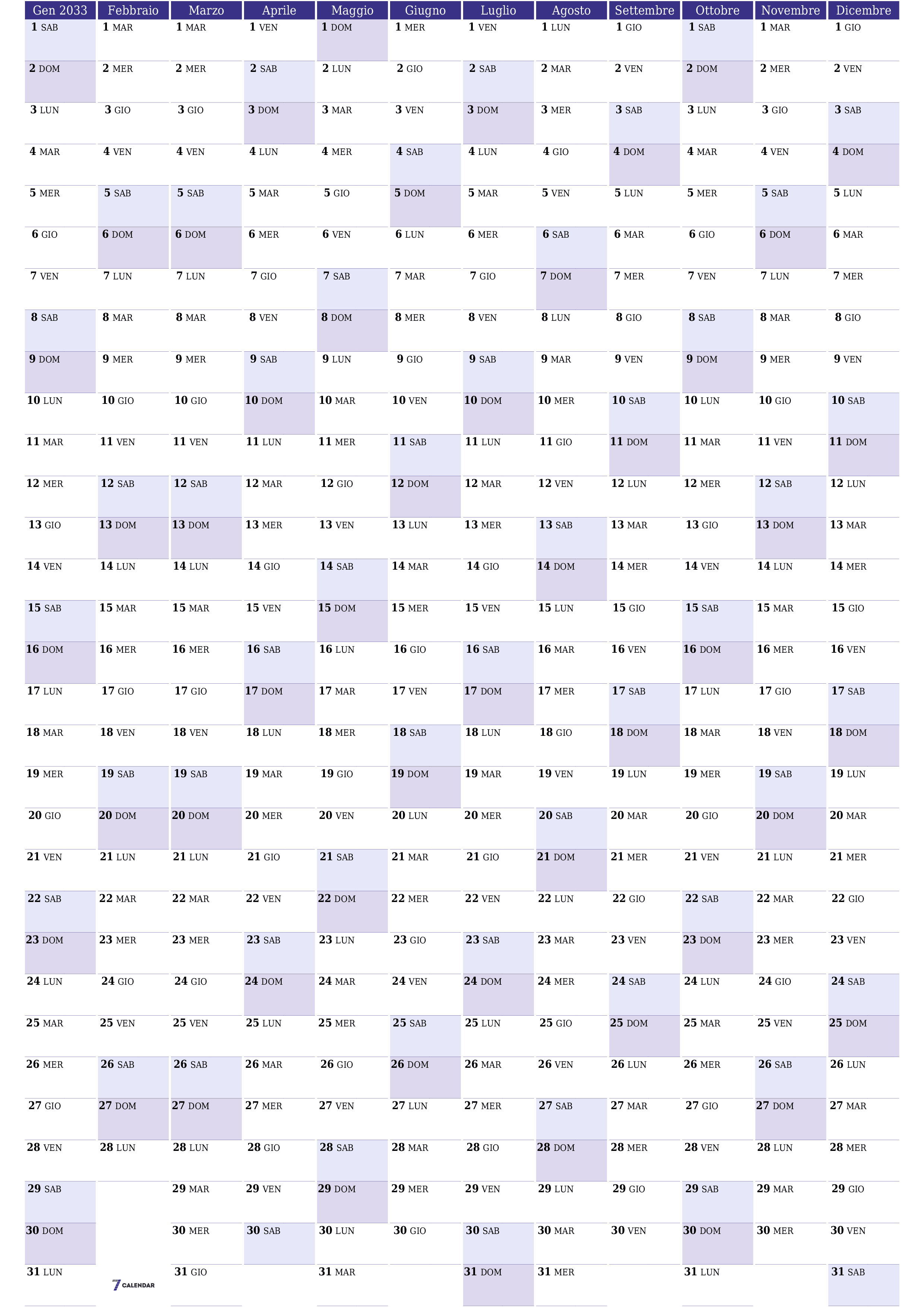  stampabile da parete modello di gratuitoverticale Annuale pianificatore calendario Giugno (Giu) 2033