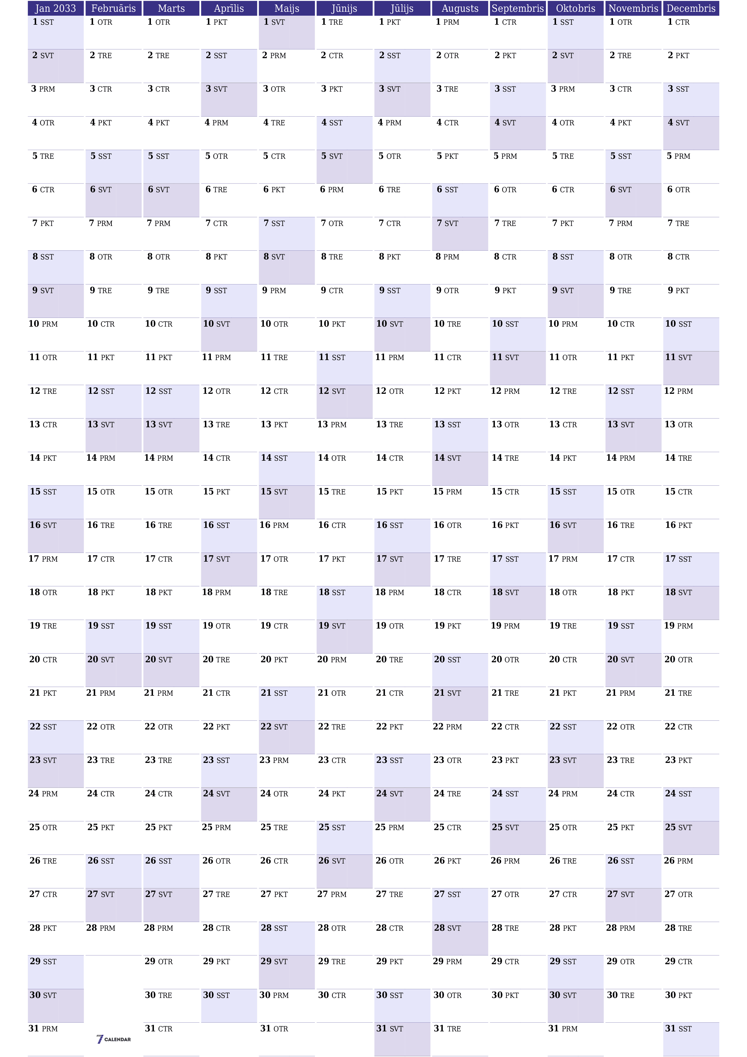 Tukšs gada plānotāja kalendārs gadam 2033 ar piezīmēm, saglabāšana un izdrukāšana PDF formātā PNG Latvian