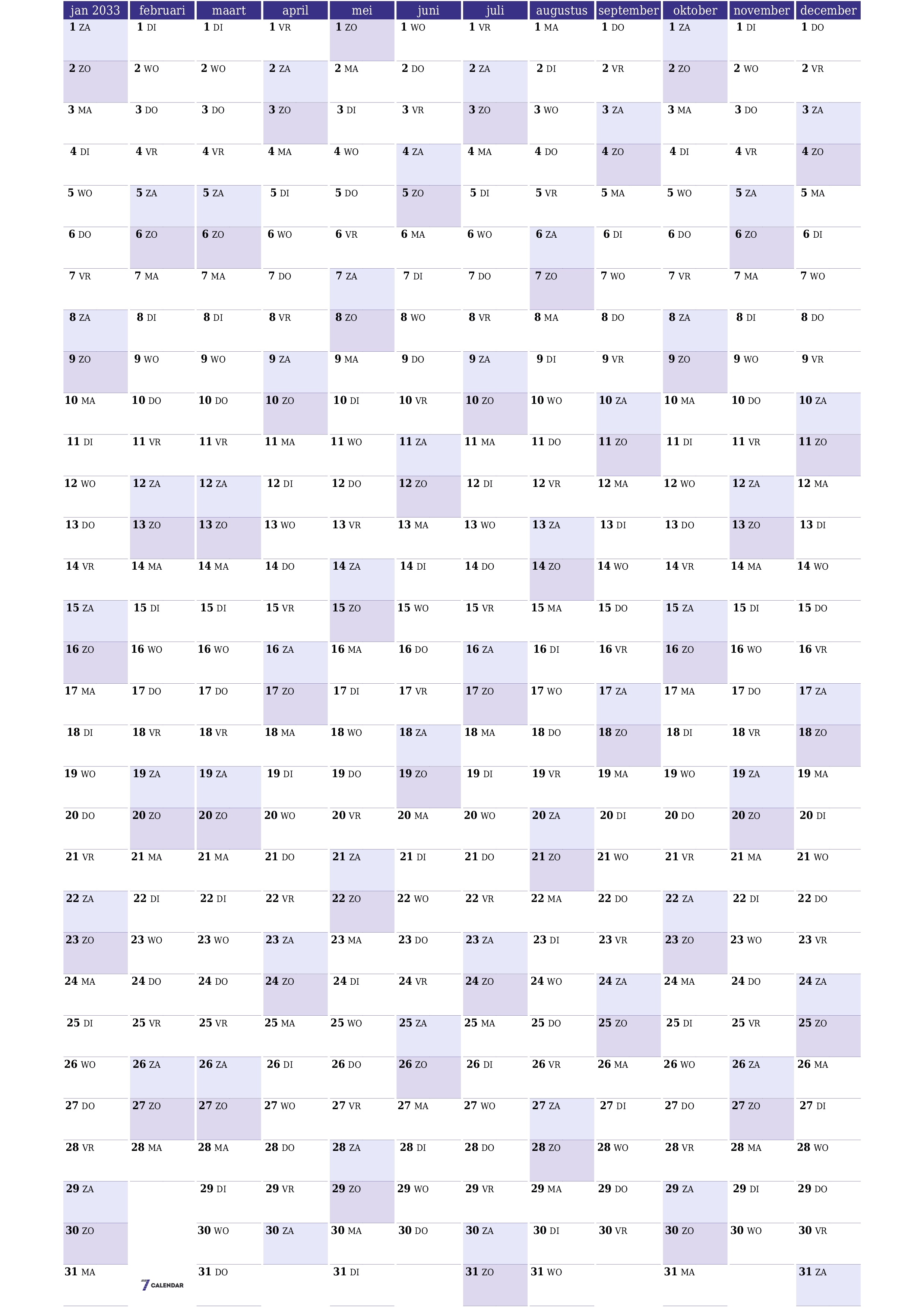 Lege jaarplanningskalender voor het jaar 2033 met notities, opslaan en afdrukken naar pdf PNG Dutch