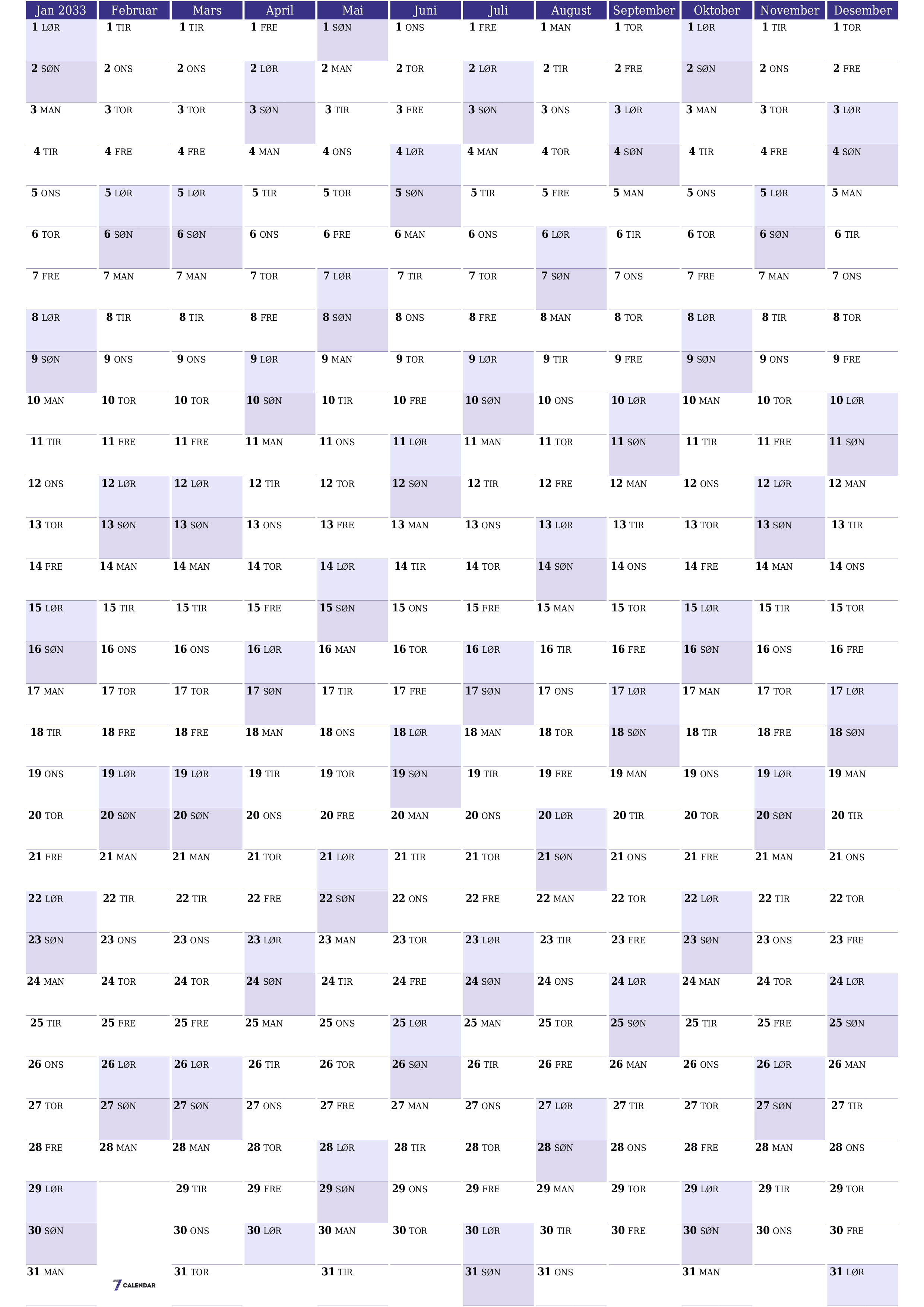 Tom årlig planleggerkalender for året 2033 med notater, lagre og skrive ut i PDF PNG Norwegian