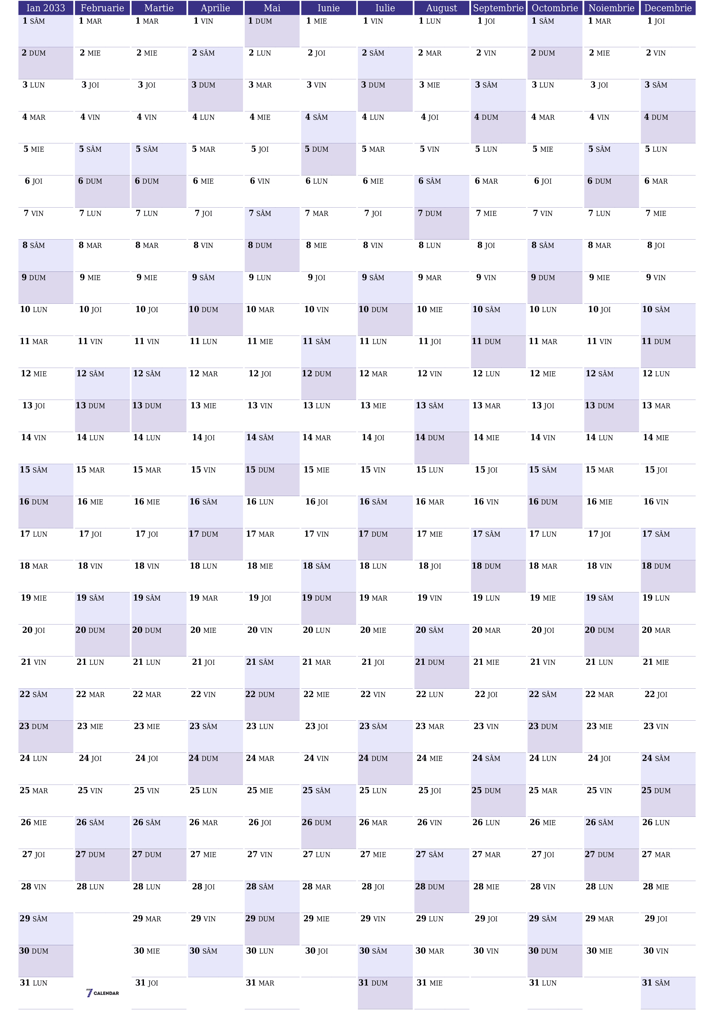 Goliți calendarul anual al planificatorului pentru anul 2033 cu note, salvați și tipăriți în PDF PNG Romanian