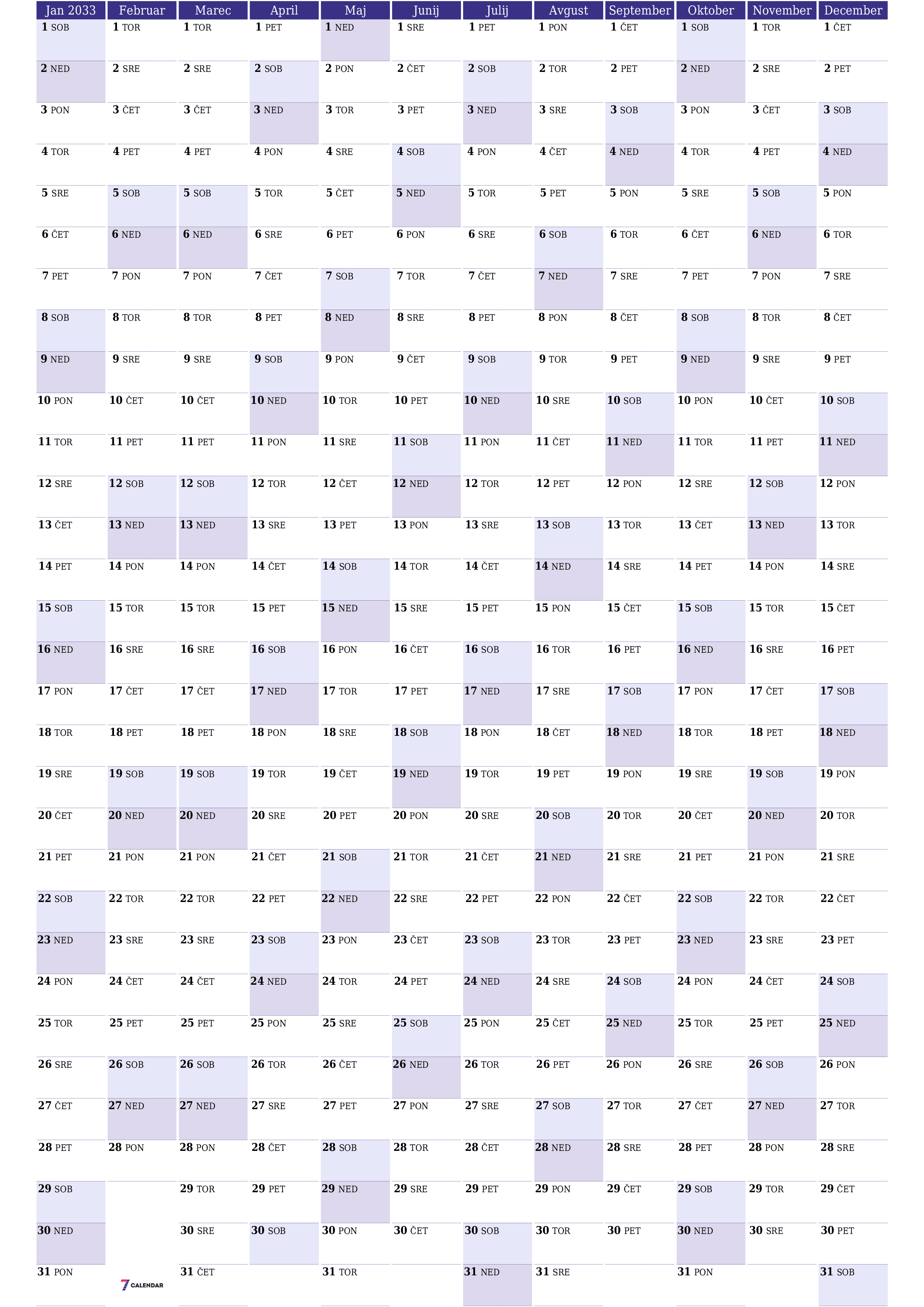 Prazen letni načrtovalec koledarja za leto 2033 z opombami za tiskanje v PDF-ju PNG Slovenian