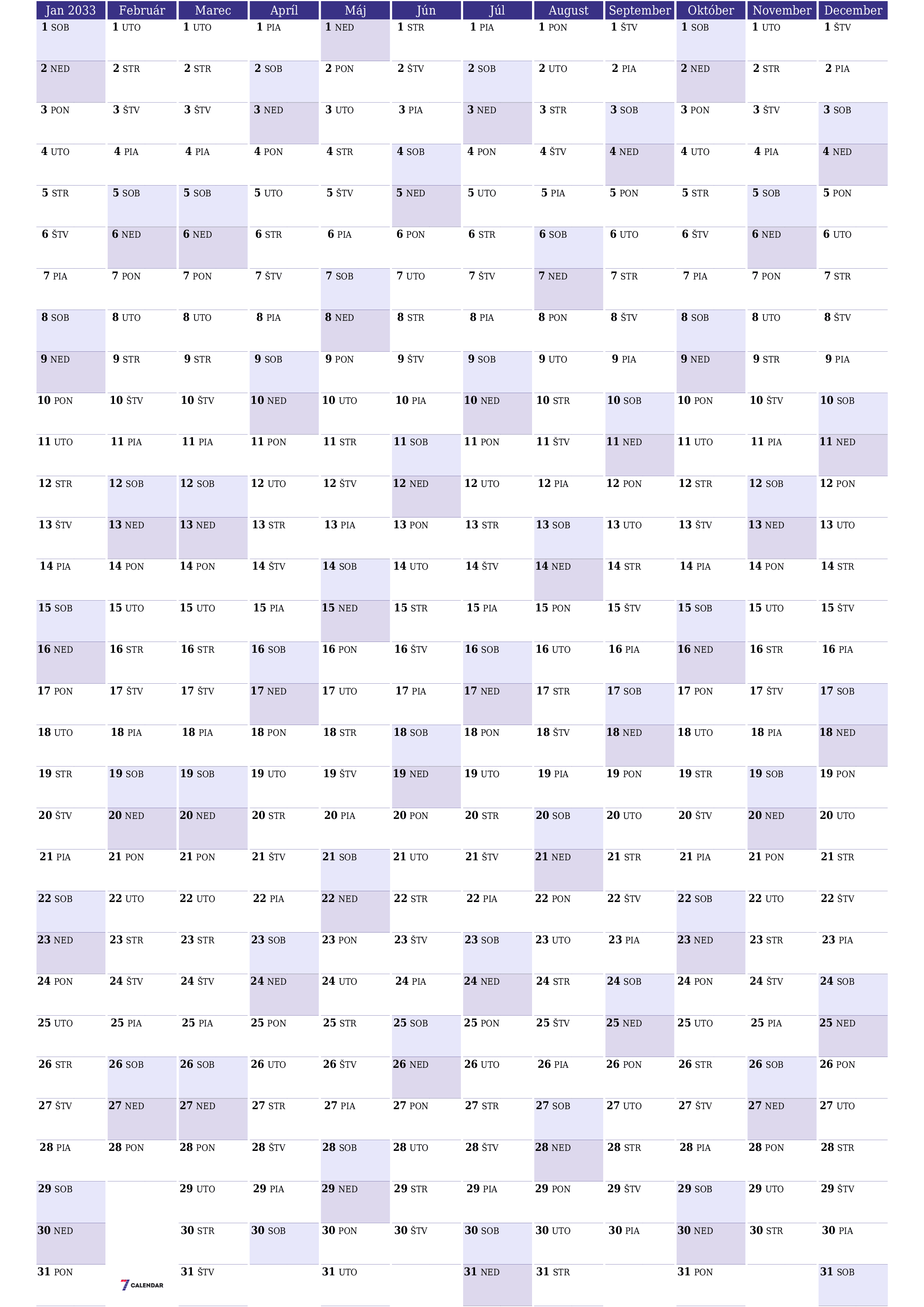 Prázdny ročný kalendár plánovača na rok 2033 s poznámkami, uložením a tlačou do formátu PDF PNG Slovak