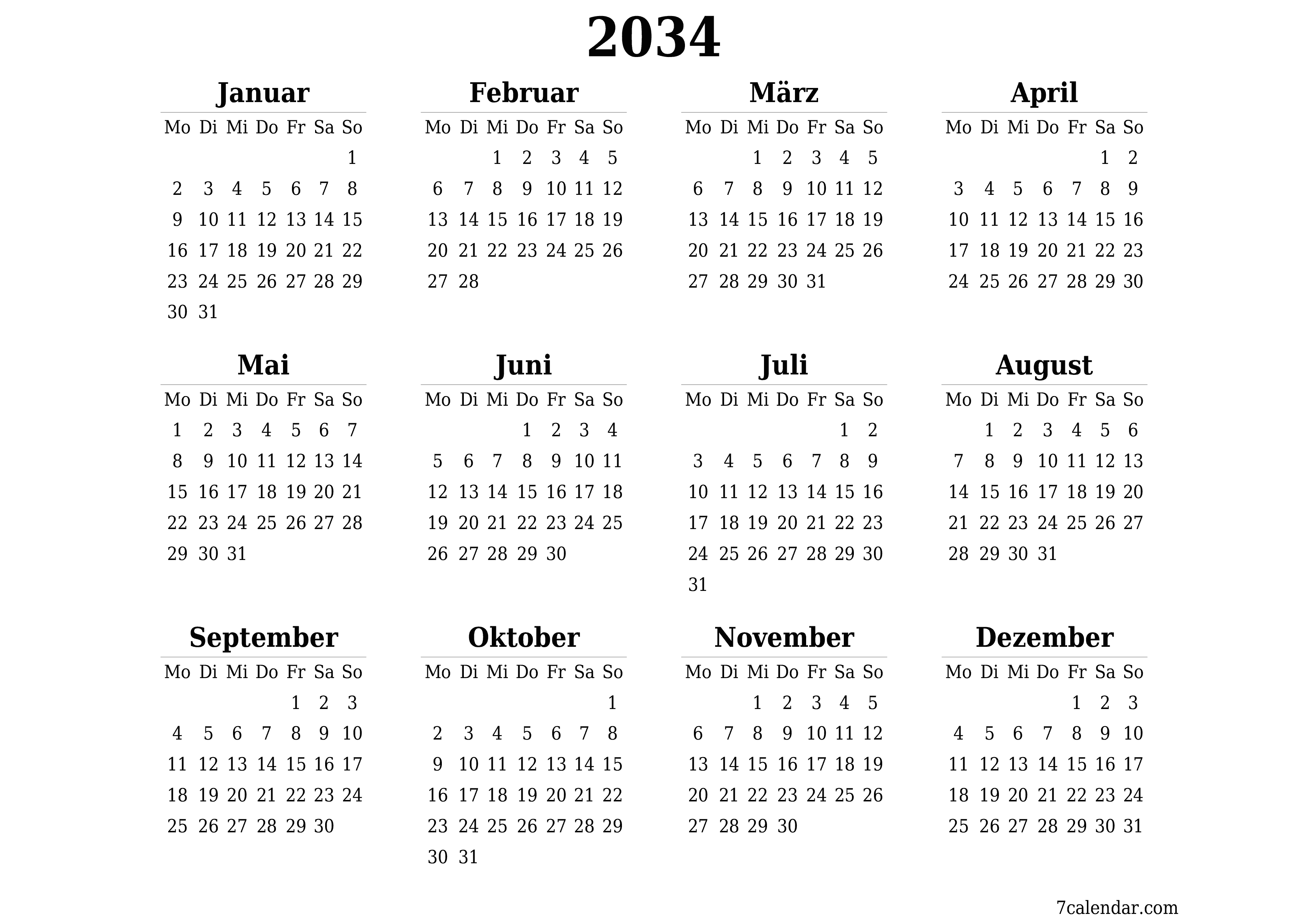 Jahresplanerkalender für das Jahr 2034 mit Notizen leeren, speichern und als PDF PNG German - 7calendar.com drucken